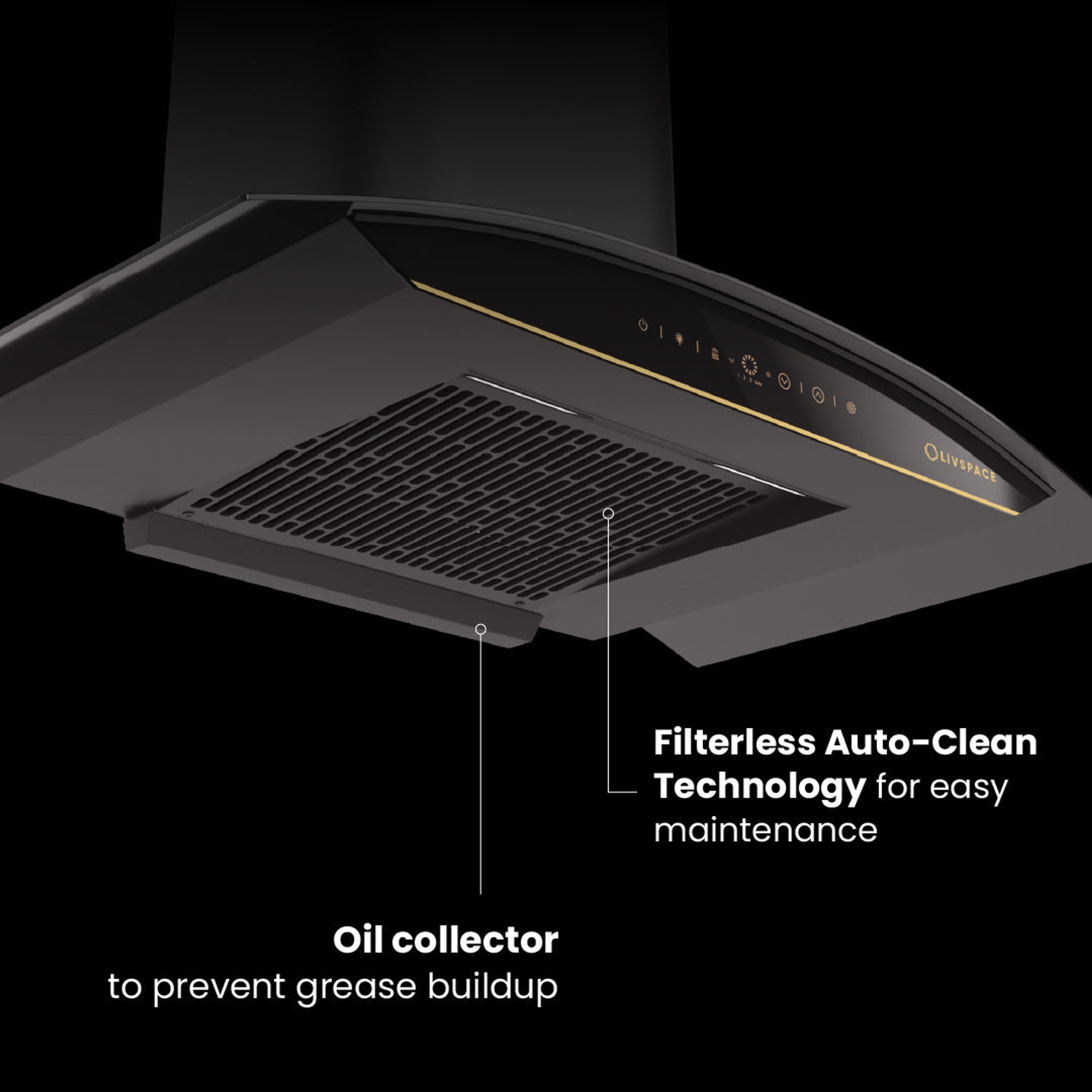 Intellia Series by LIVSPACE Inclined shape BLDC autoclean Filterless 900mm 1600m3/h suction Chimney & 3 Brass Burner Gloss finish 770mm with Auto Ignition Cooktop with installation (Ducted) | Intellia CH I 90 & Intellia CT 77 3B