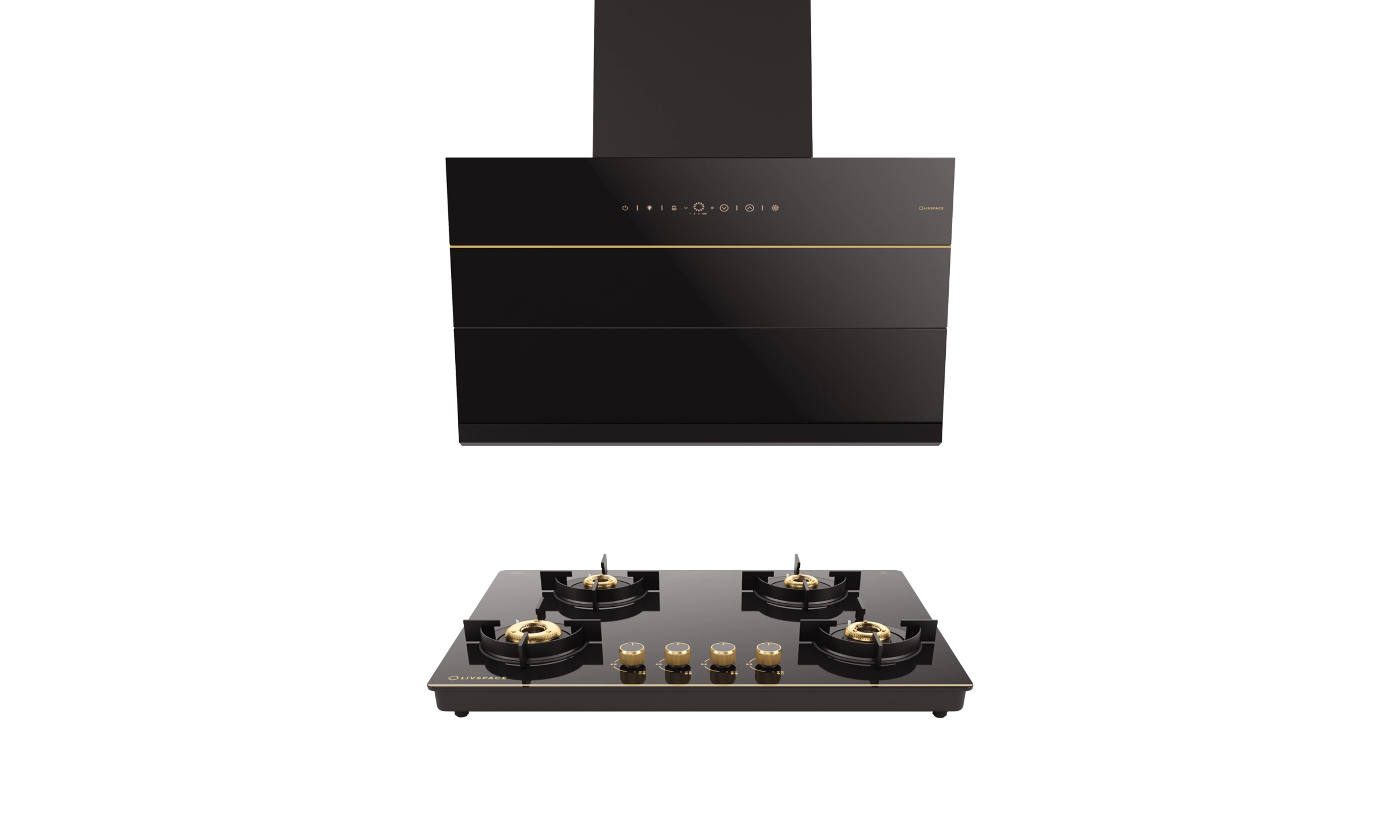 Intellia Series by LIVSPACE Inclined shape BLDC autoclean Filterless 900mm 1600m3/h suction Chimney & 4 Brass Burner Gloss finish 750mm with Auto Ignition Cooktop with installation (Ducted) | Intellia CH I 90 & Intellia CT 75 4B