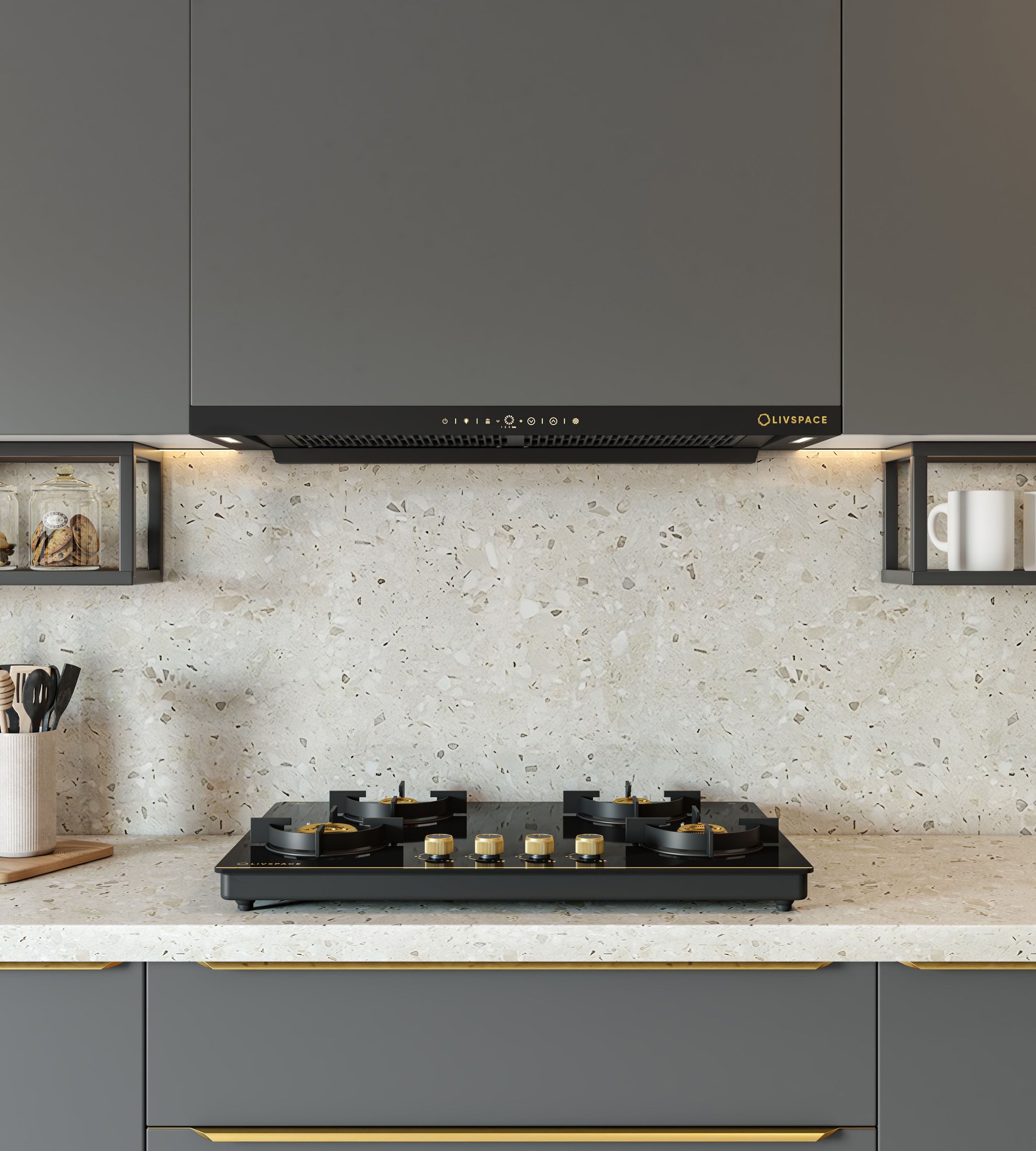 Intellia by Livspace 4 Brass Burner 750mm with Auto Ignition Gloss finish Cooktop | Intellia CT 75 4B