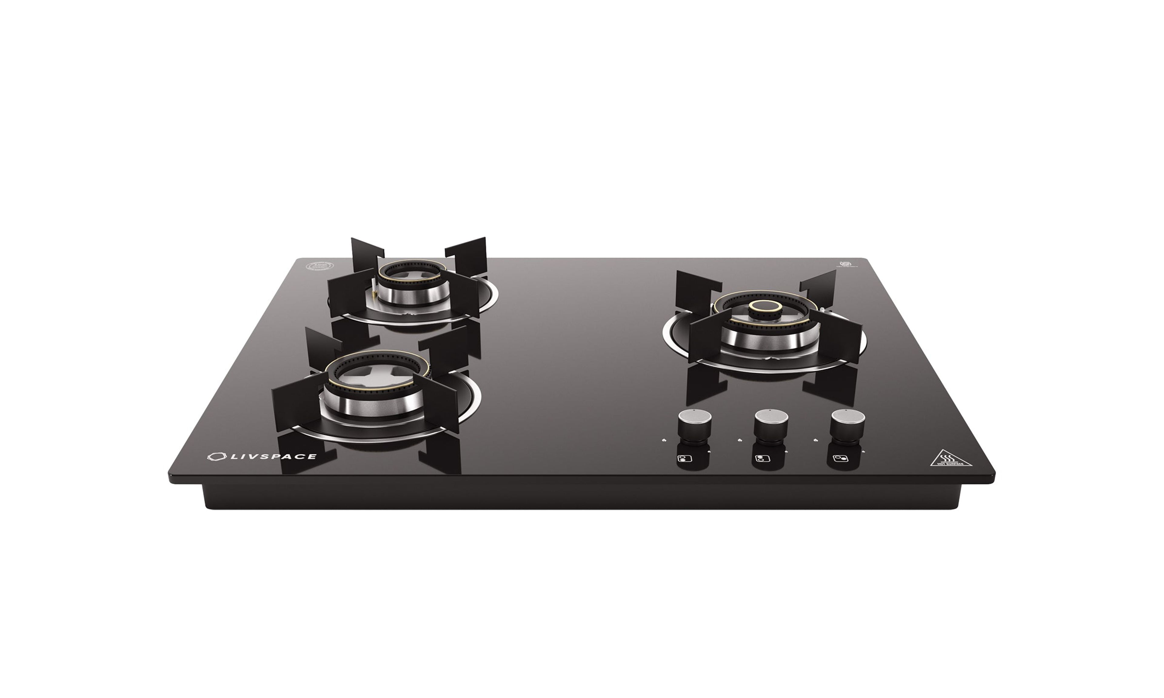Optima by Livspace 3 Brass Burner 600mm with Auto Ignition gloss finish Hob | Optima HB 3B 60