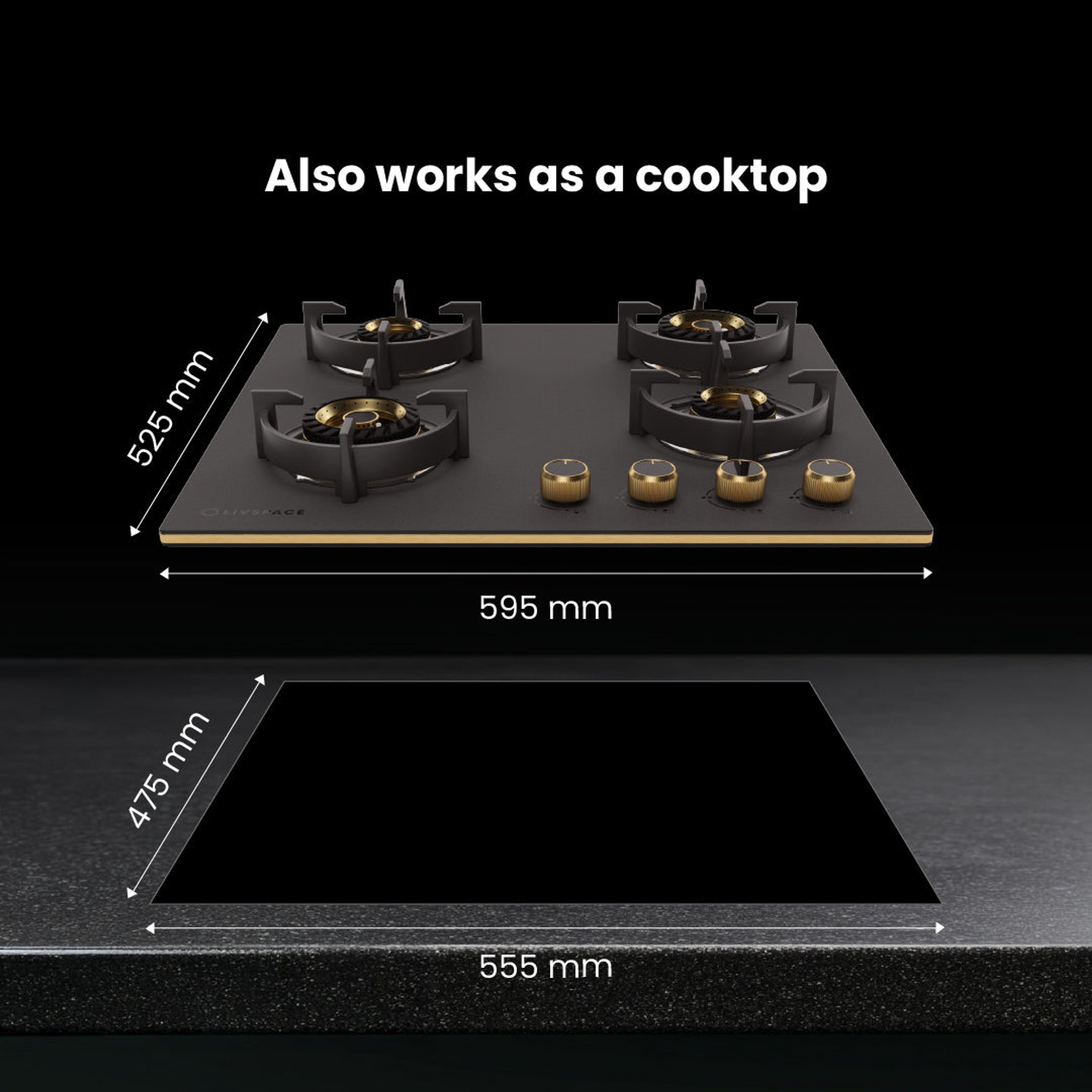 Intellia by Livspace 4 Brass Burner 595mm with Auto Ignition Matt finish Hob | Intellia HB 4B M 60