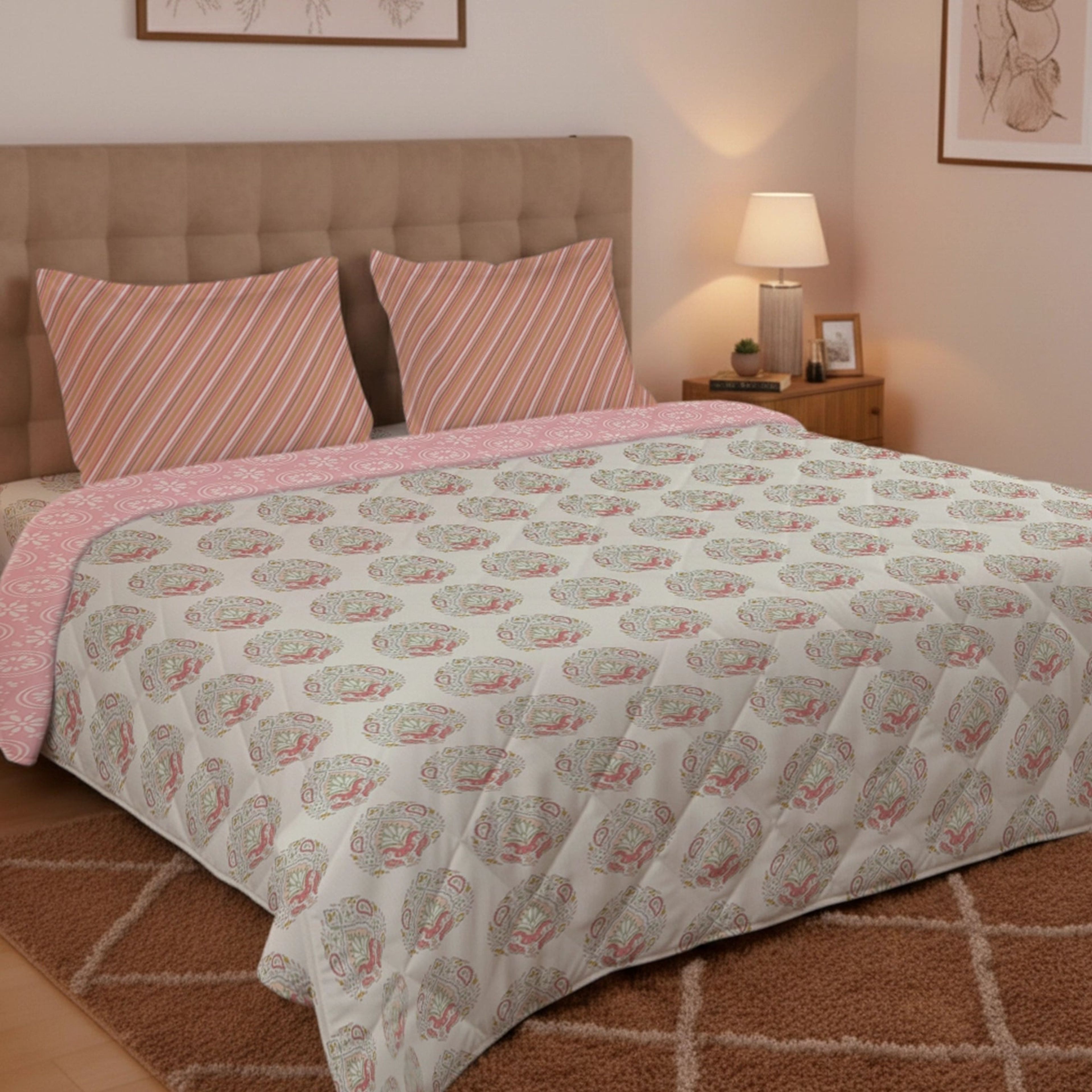 Udyan Tales | Contemporary Indian Printed Bedding Set - Set of Bedsheet & Comforter - Soft Coral