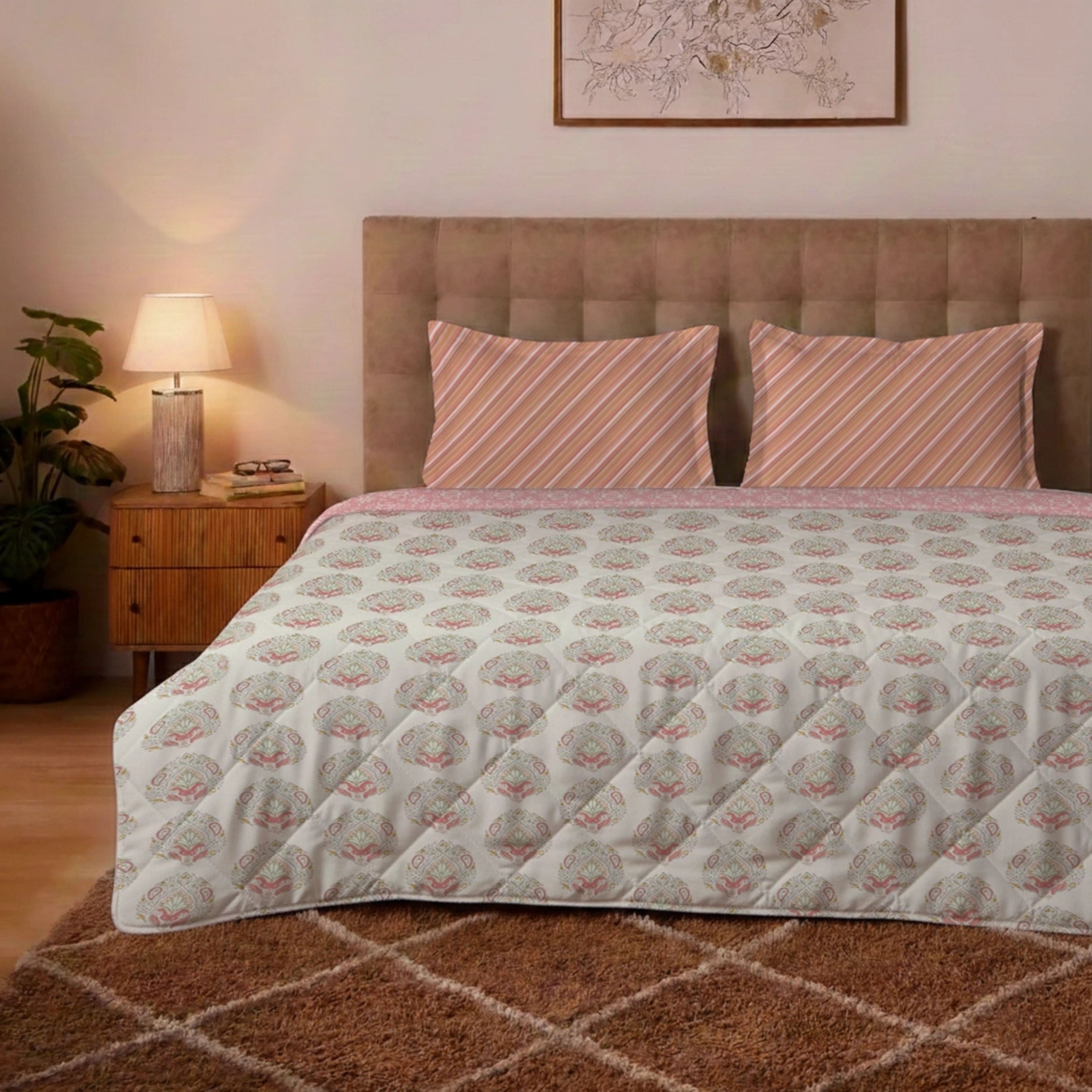 Udyan Tales | Contemporary Indian Printed Bedding Set - Set of Bedsheet & Comforter - Soft Coral