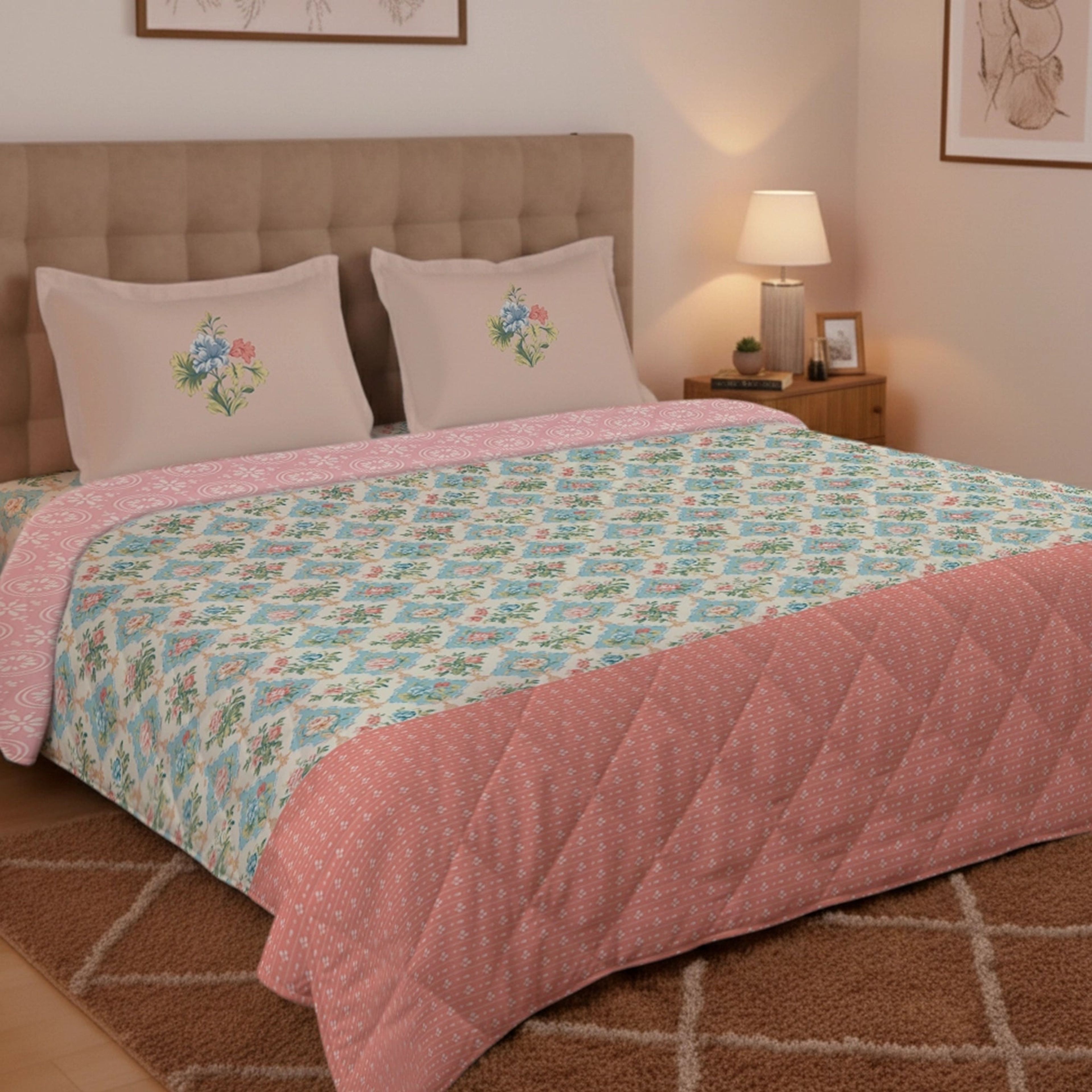 Udyan Tales | Enchanted Floral Printed 300 GSM Extra Warm Premium Comforter - Flamingo Pink