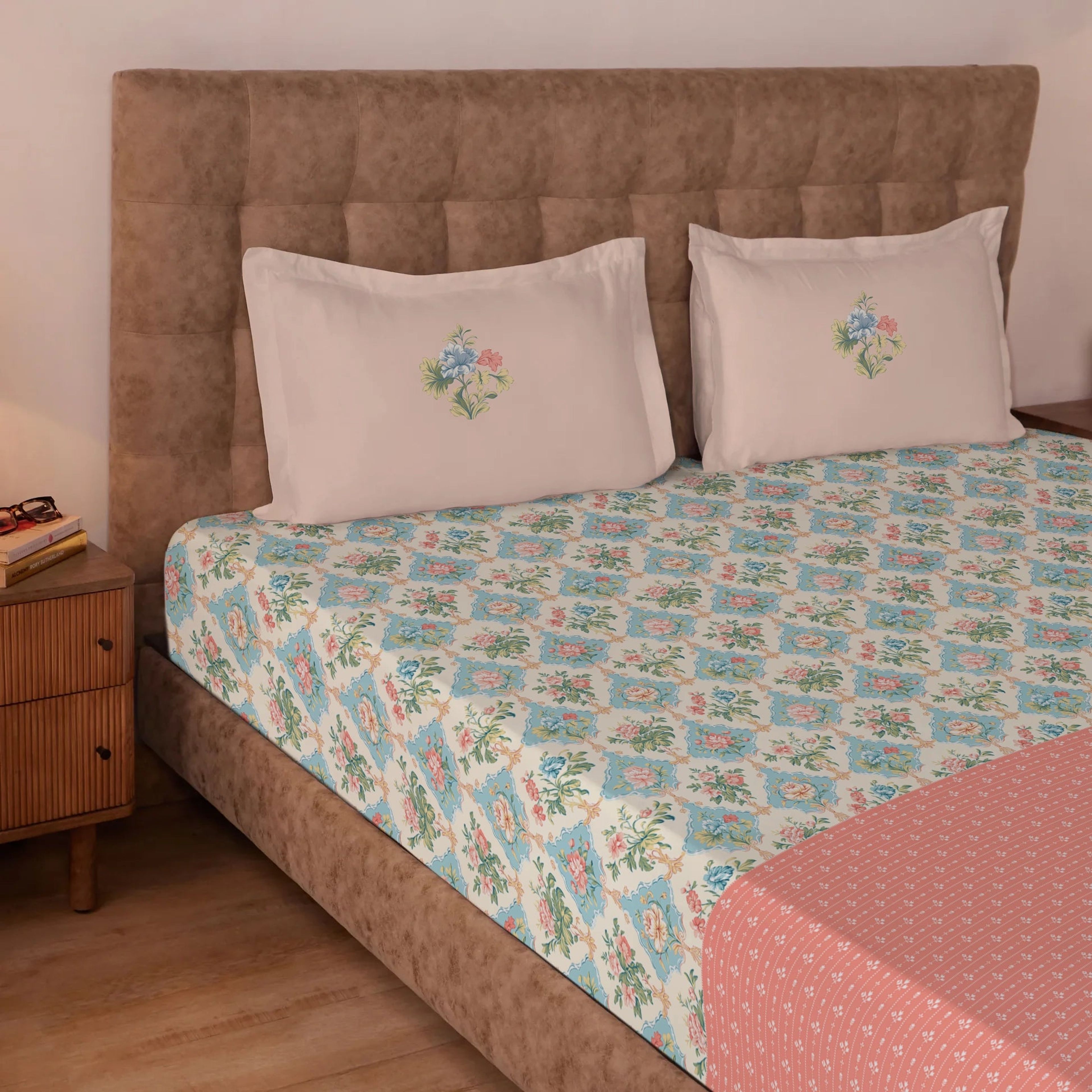 Udyan Tales | Enchanted Floral Printed Cotton Bedsheet Set - Flamingo Pink