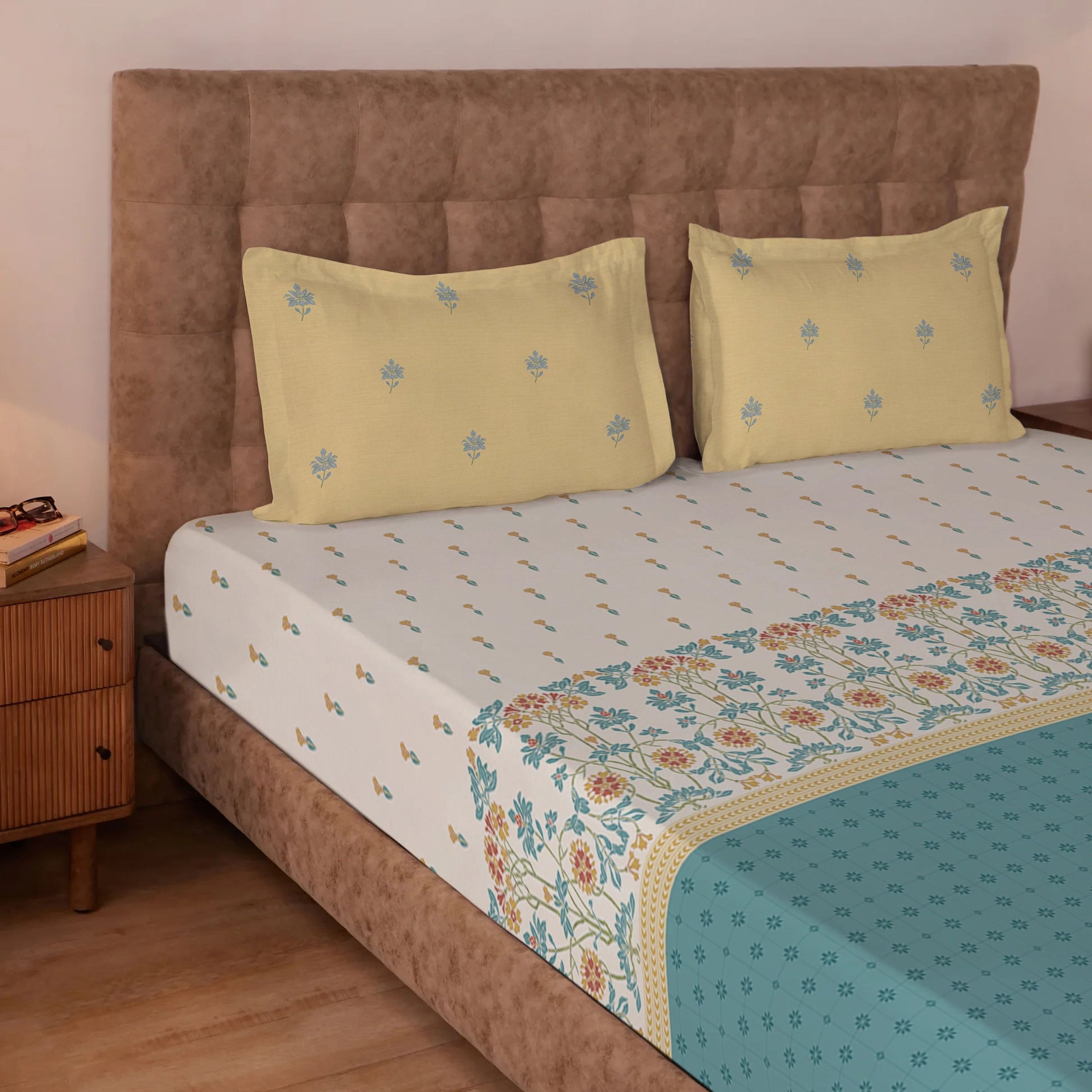 Udyan Tales | Vibrant Ethnic Printed Cotton Bedsheet Set - Midnight Teal