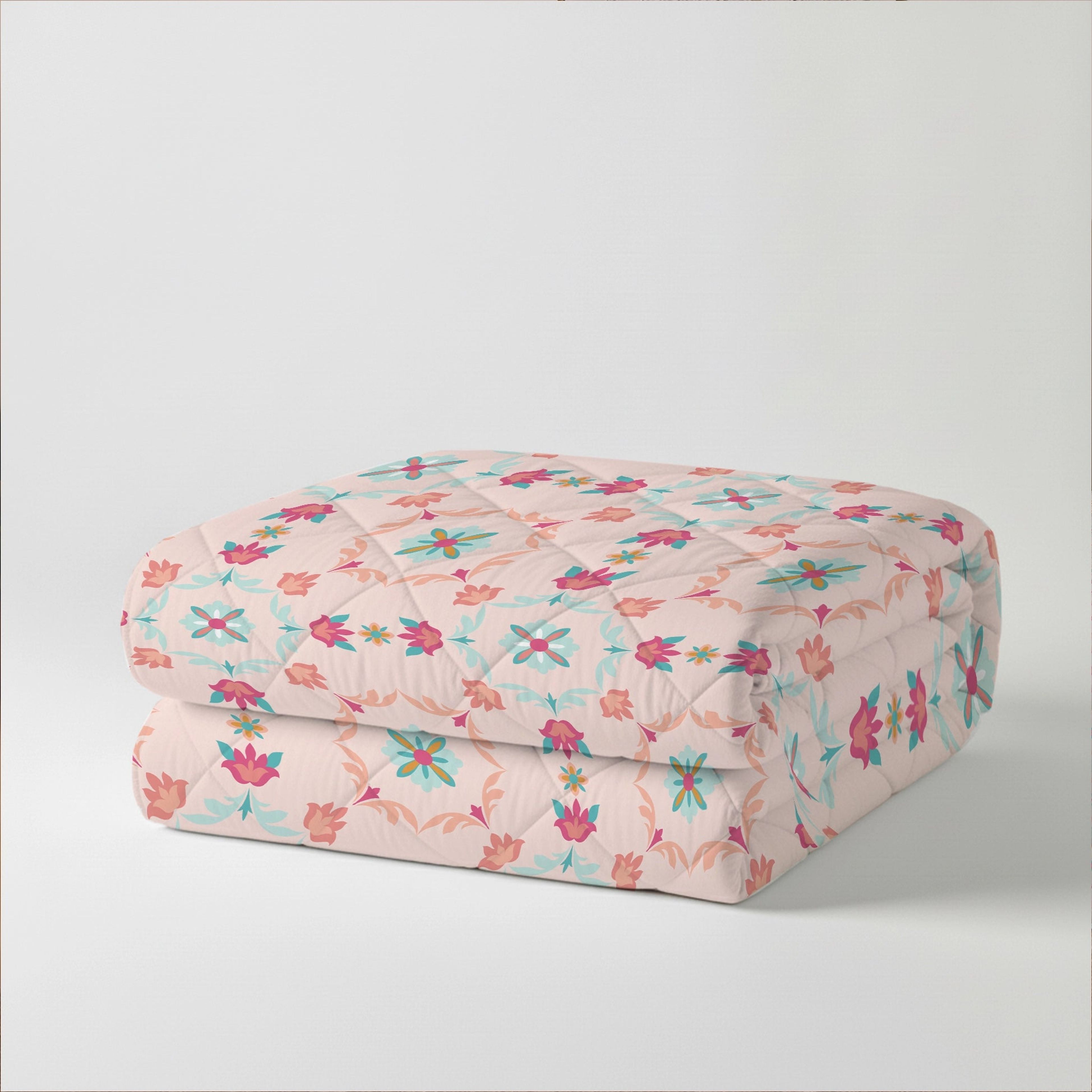 Aangan Weaves | Romantic Floral Printed 150 GSM Reversible Comforter - Blush Pink