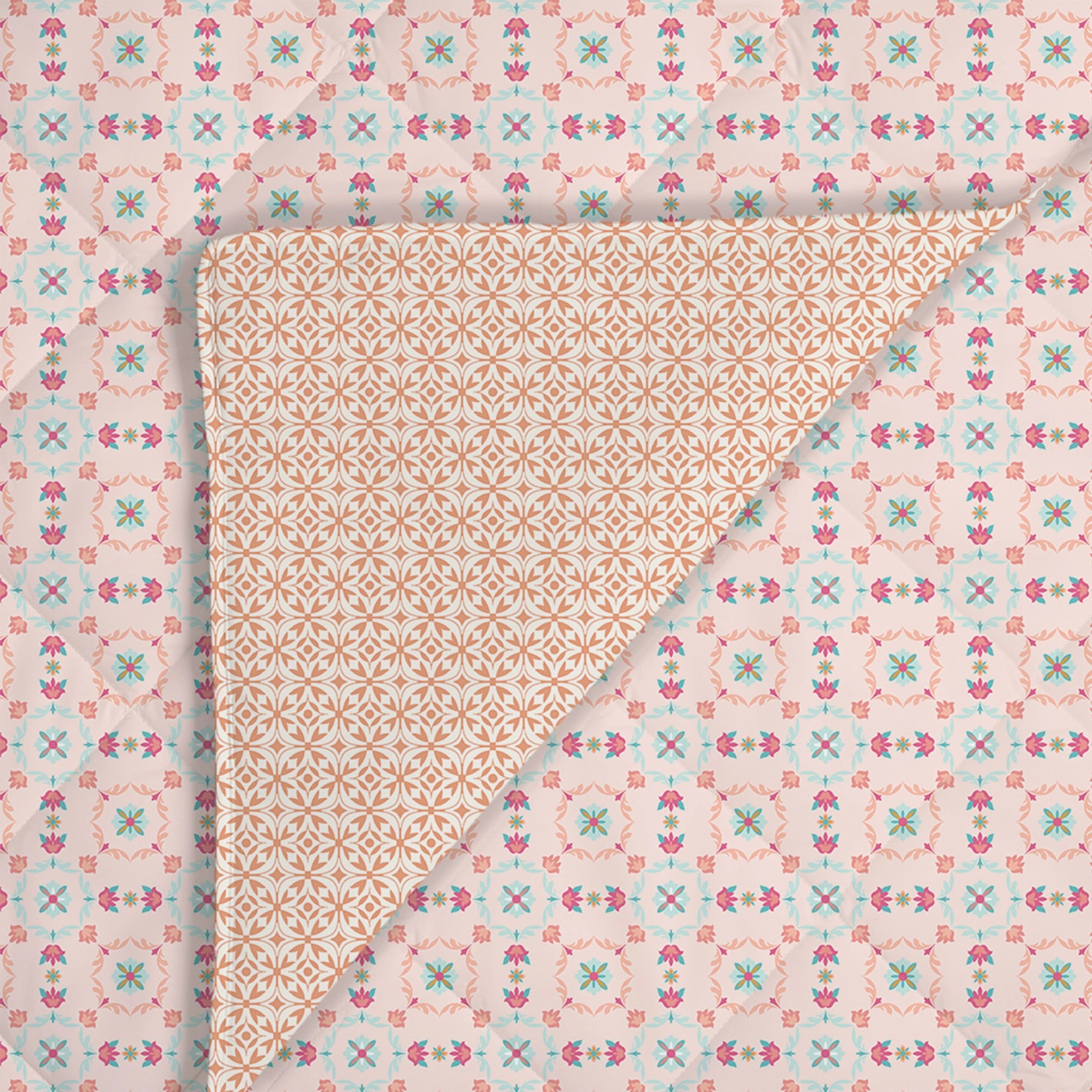 Aangan Weaves | Romantic Floral Printed 150 GSM Reversible Comforter - Blush Pink