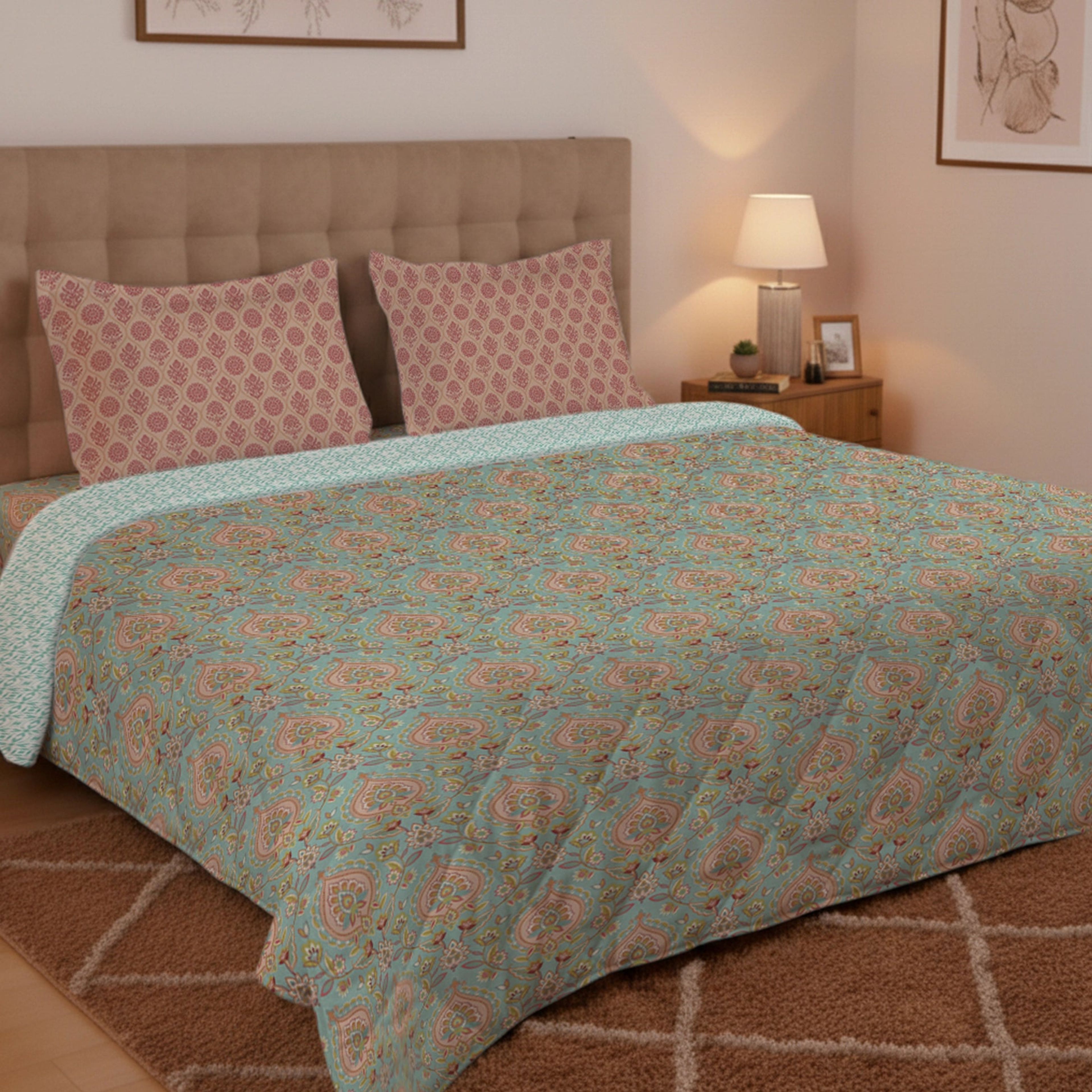 Aangan Weaves | Sage Green Traditional Printed 150 GSM Reversible Comforter - Sea Glass