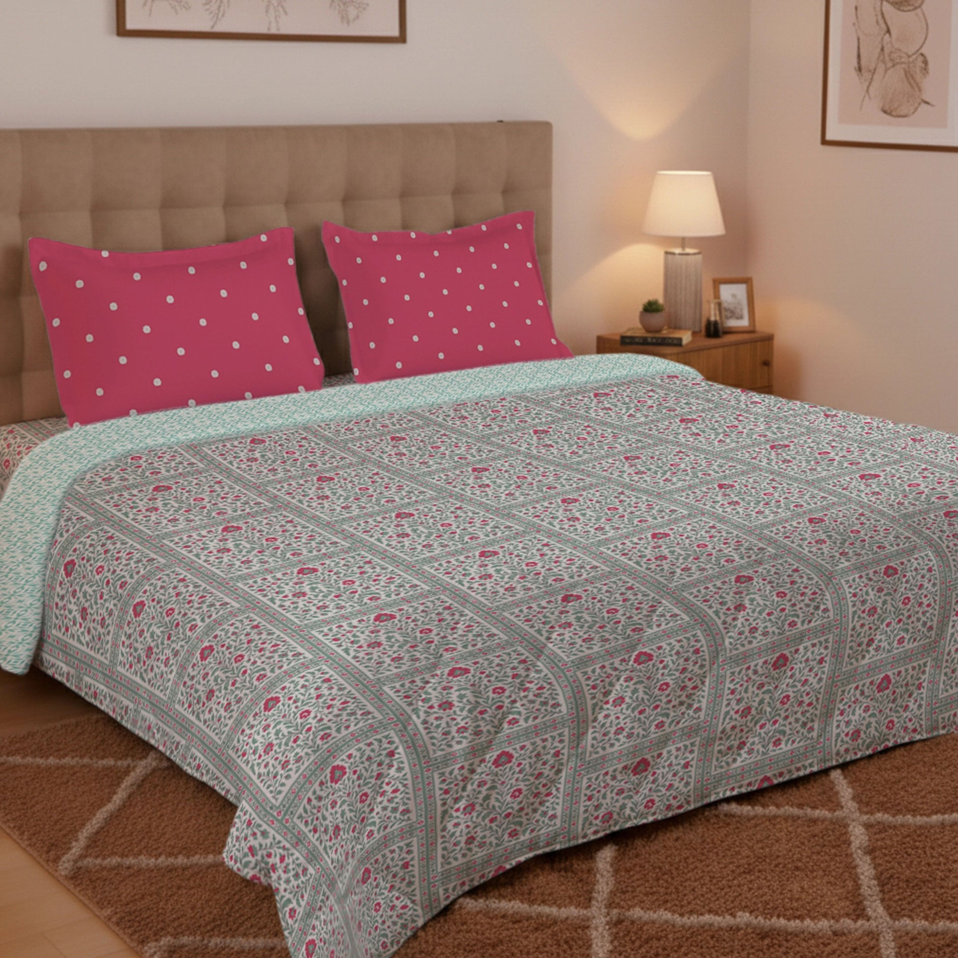 Aangan Weaves | Ethnic Printed 150 GSM Reversible Comforter - Indian Pink