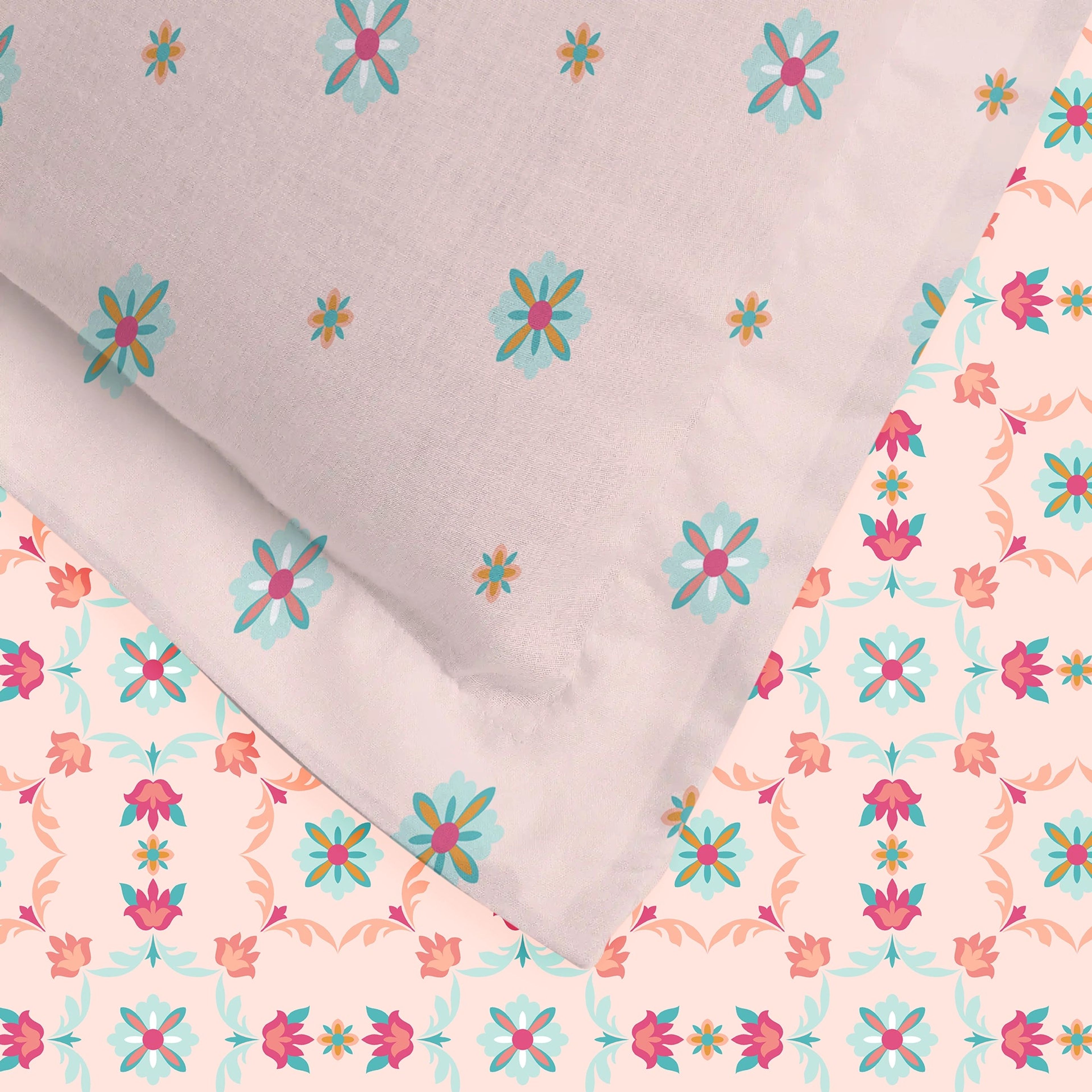 Aangan Weaves | Romantic Floral Printed Cotton Bedsheet Set - Blush Pink