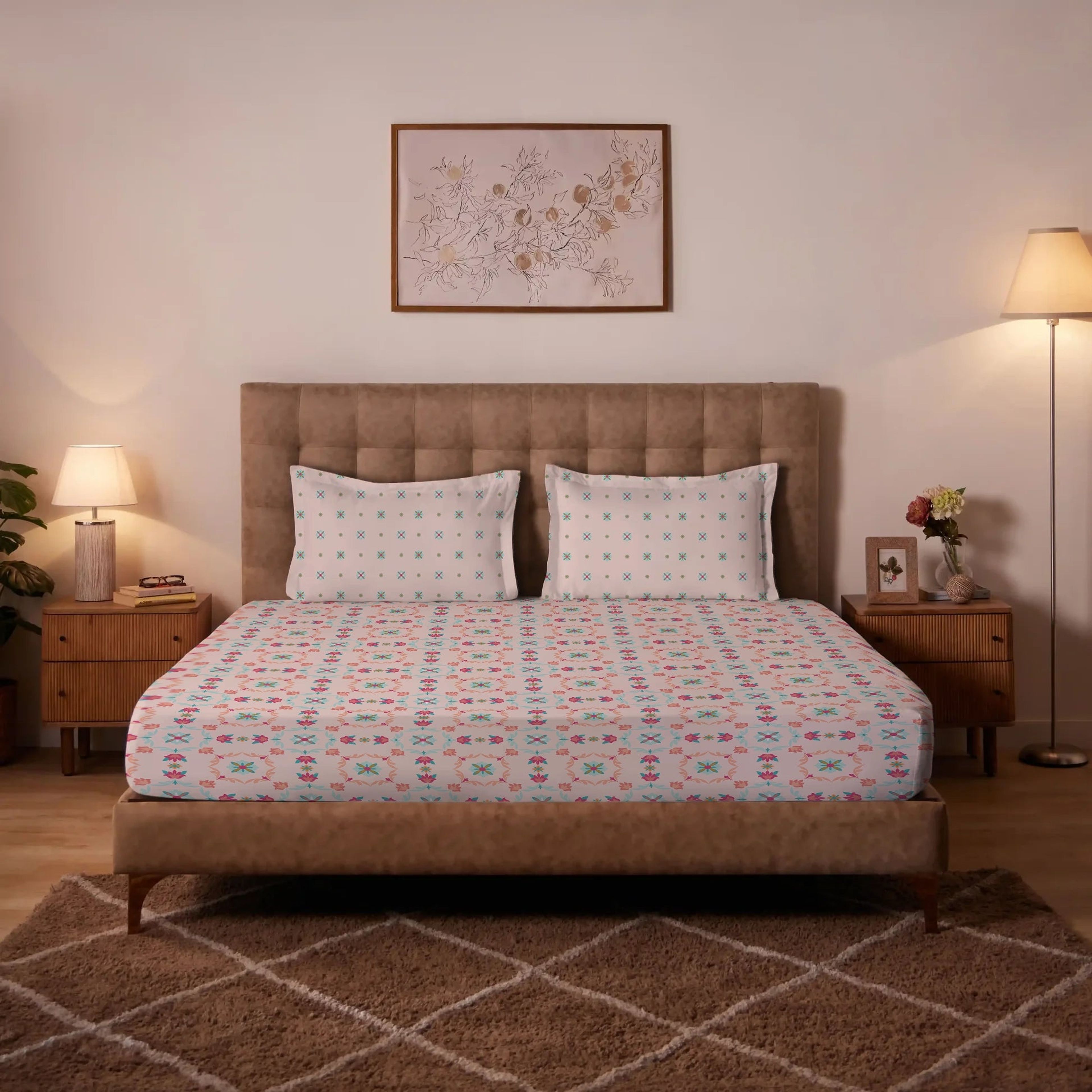 Aangan Weaves | Romantic Floral Printed Cotton Bedsheet Set - Blush Pink