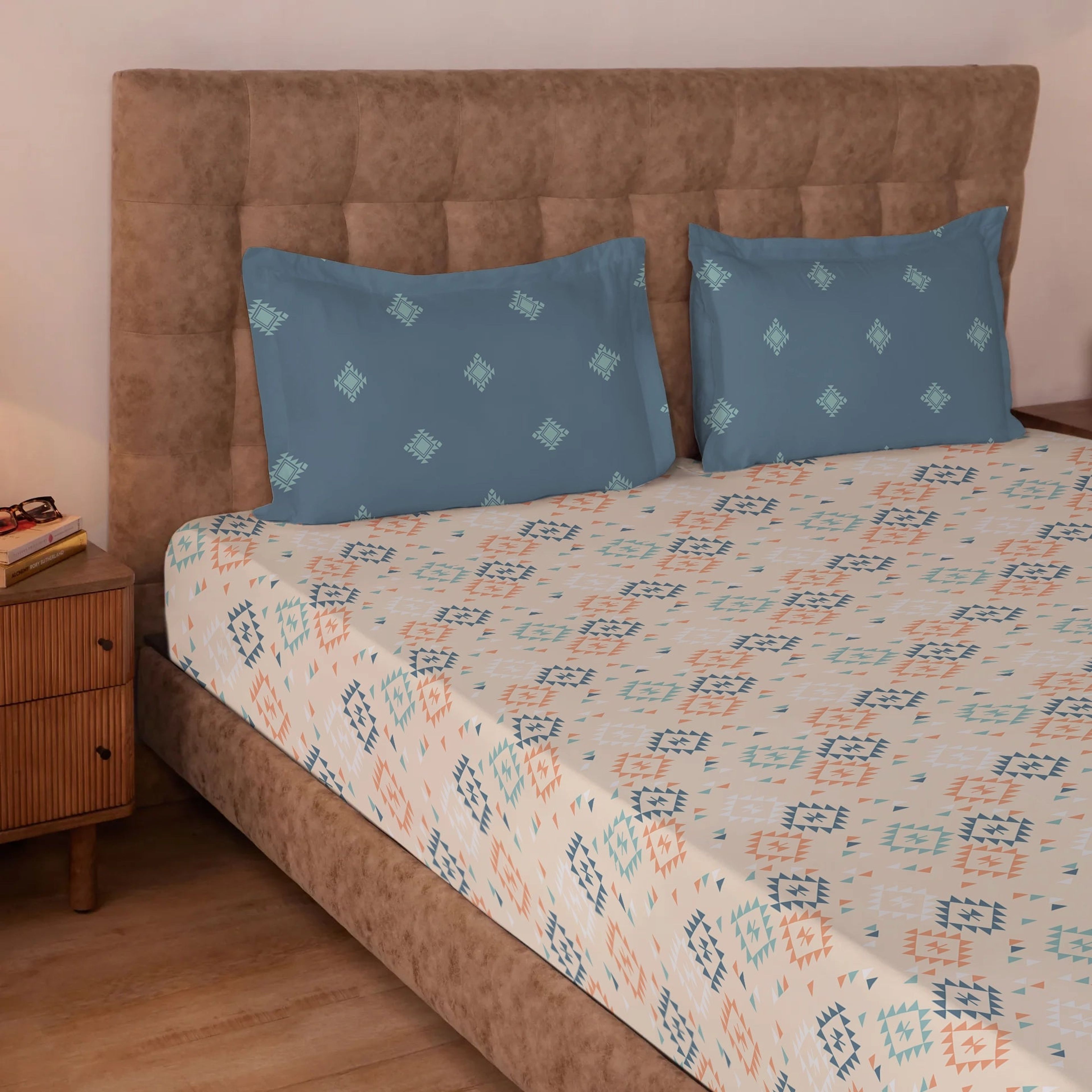 Aangan Weaves | Modern Geometric Printed Cotton Bedsheet Set - Rich Teal