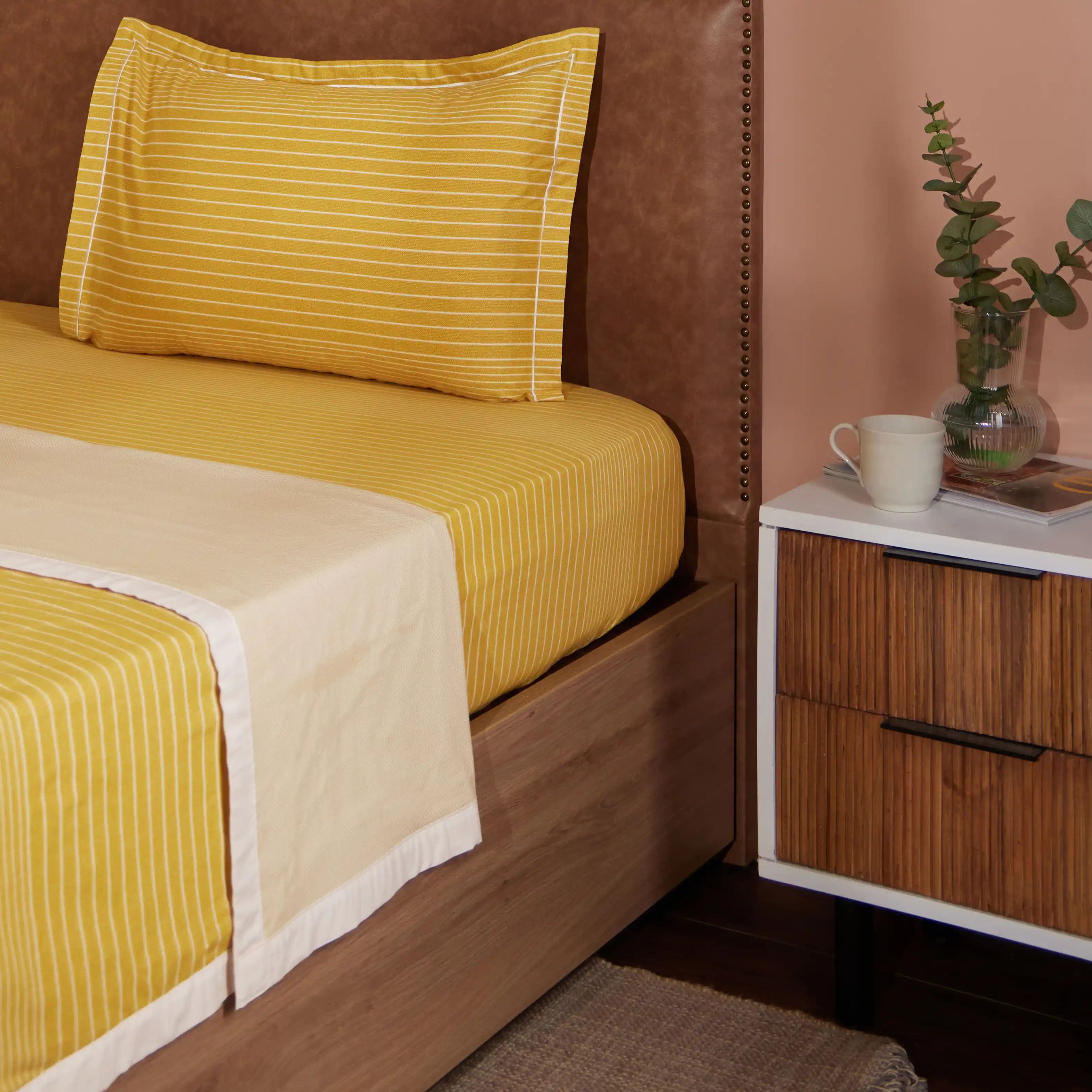 Threadscapes | Woven Textured Printed Reversible Dohar with Super Soft Flannel Layering-Mustard