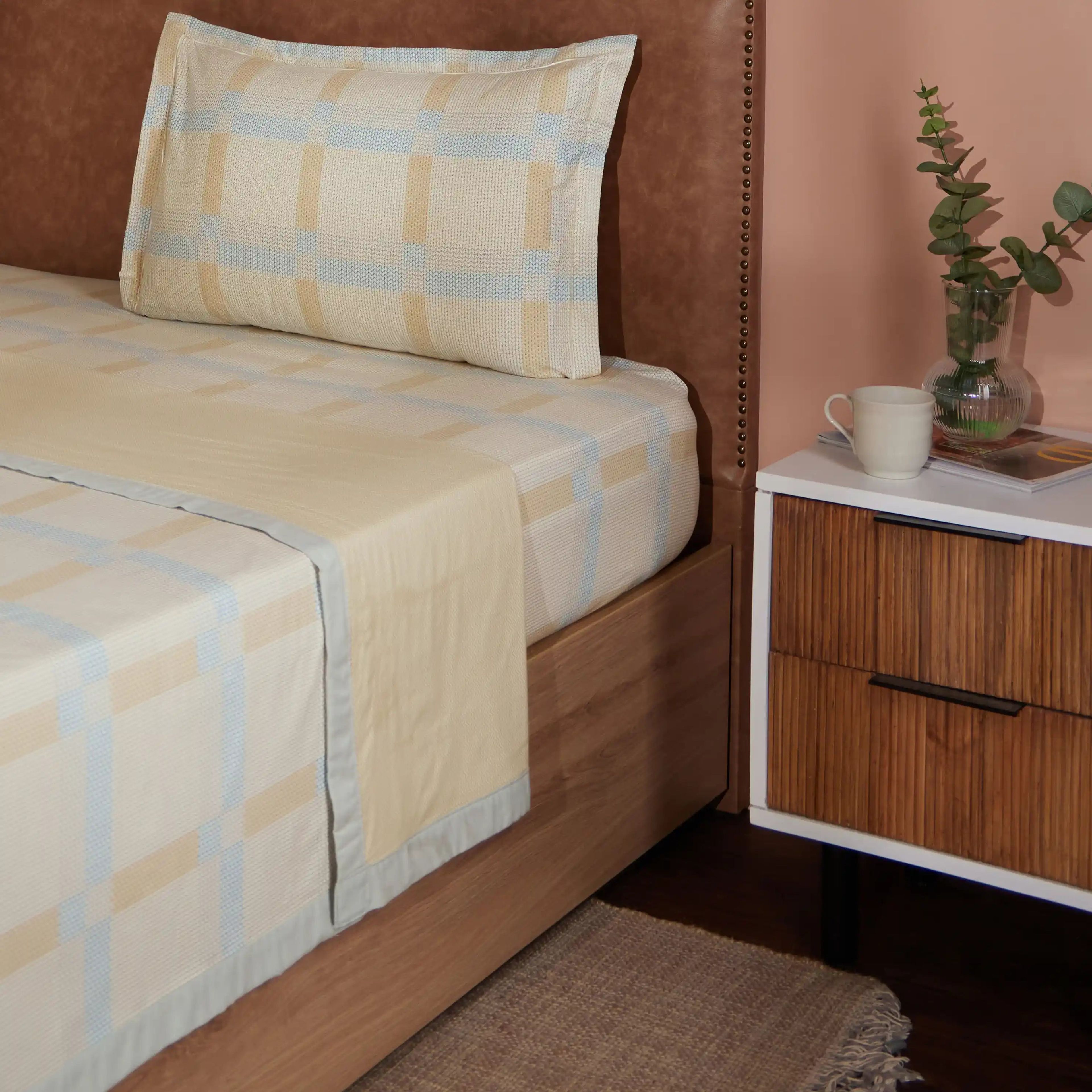 Threadscapes | Woven Textured Printed Reversible Dohar with Super Soft Flannel Layering-Sand