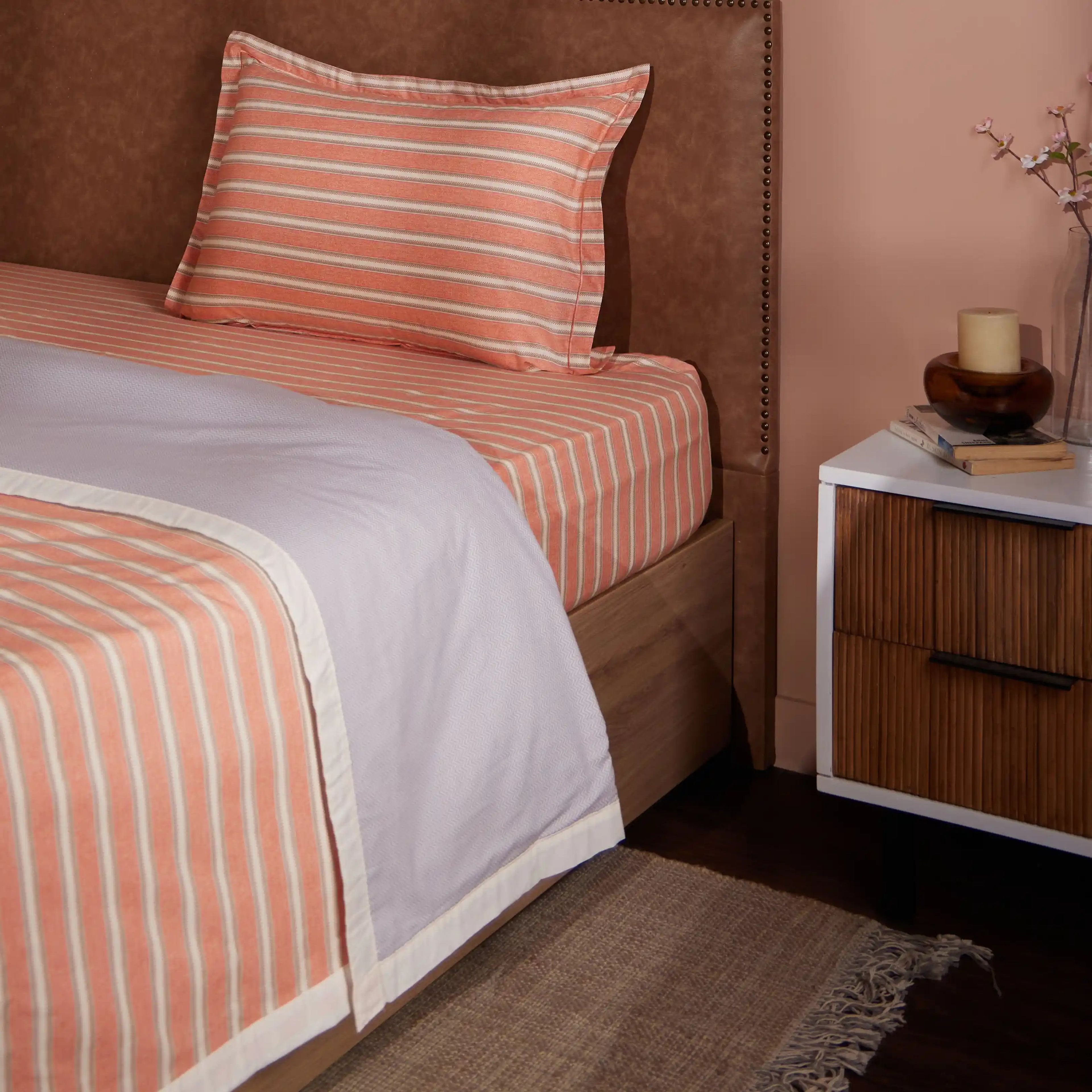 Threadscapes | Woven Textured Printed Reversible Dohar with Super Soft Flannel Layering-Peach