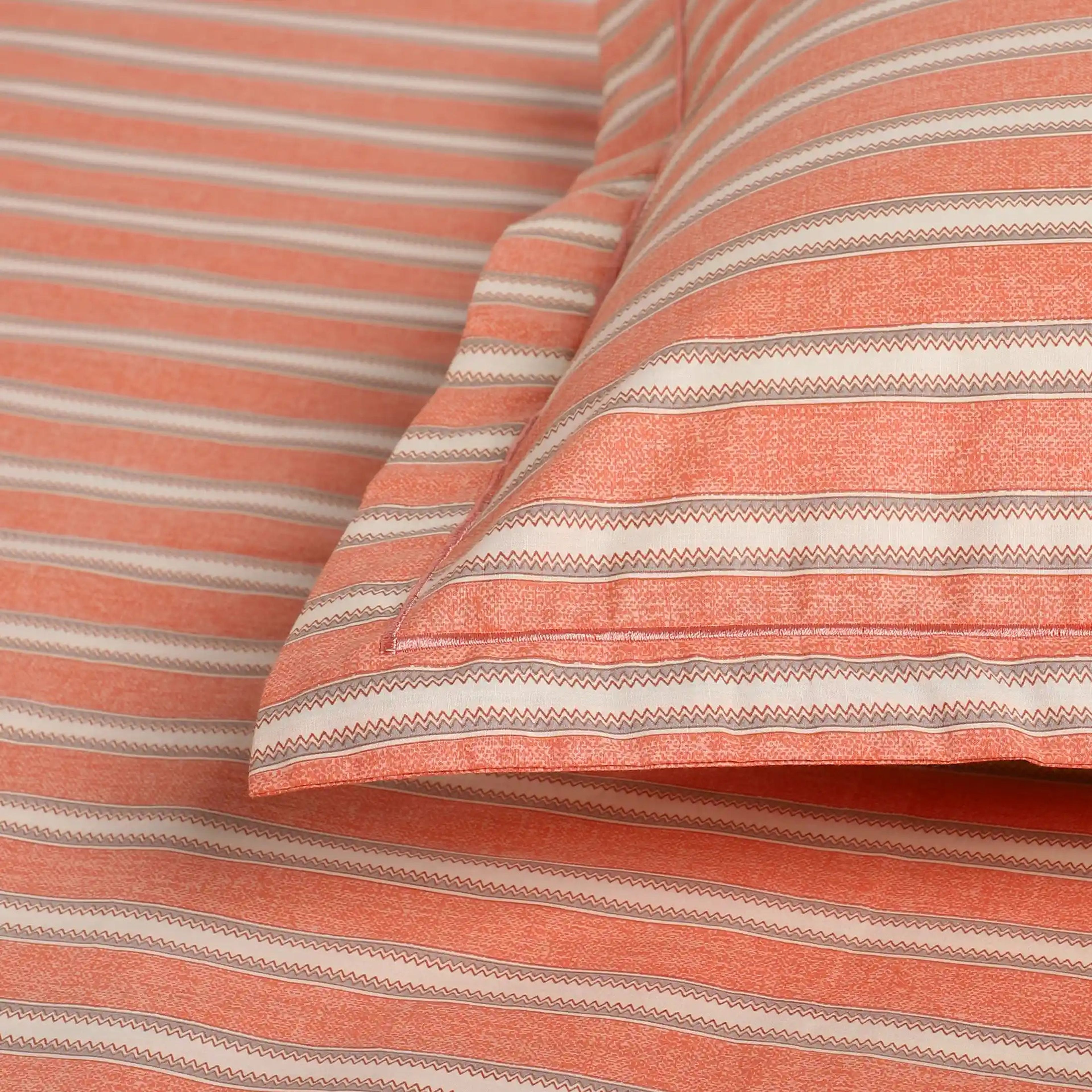 Threadscapes | Woven Textured Printed Cotton Bedsheet Set | Pillow Cover with Merrow Hem Treatment-Peach