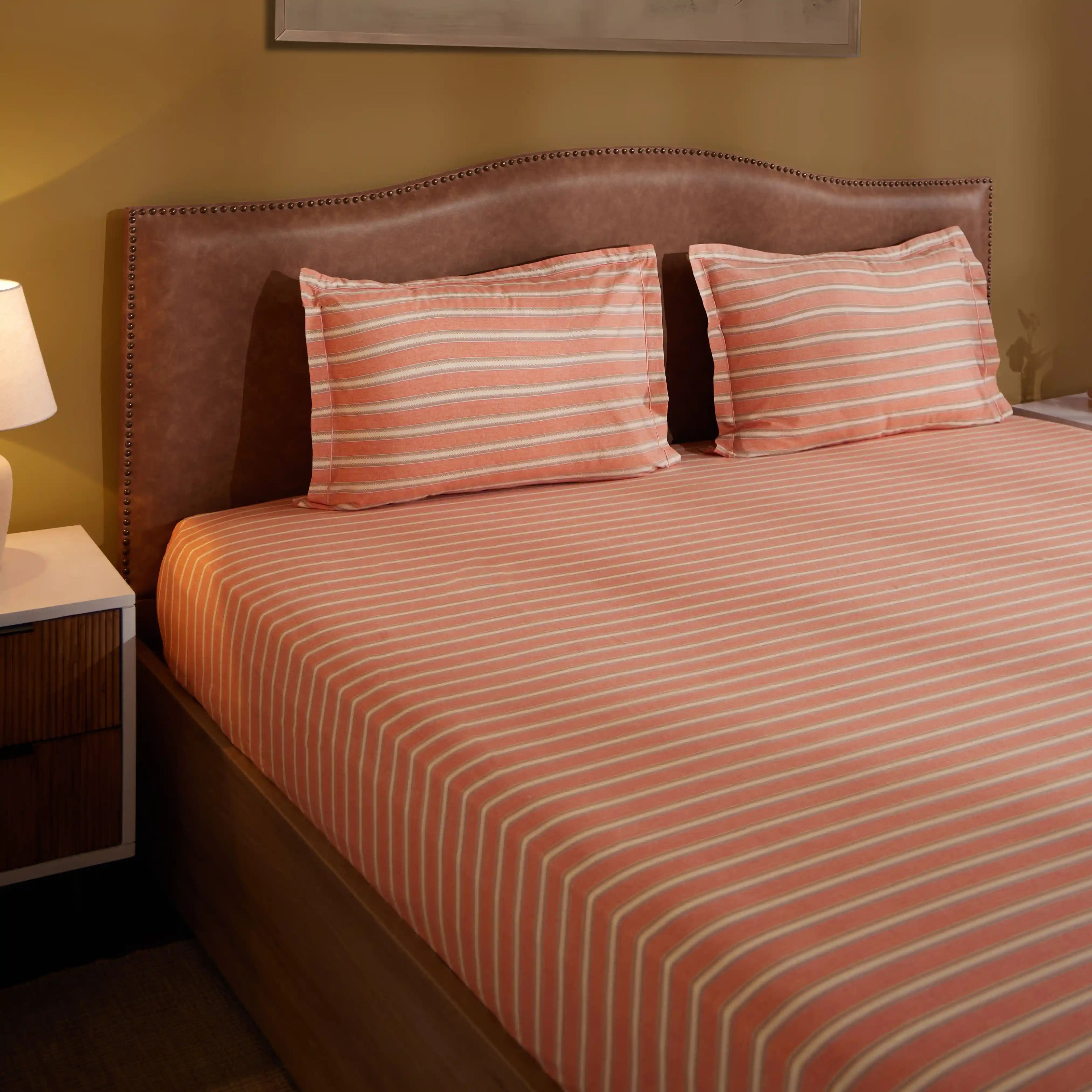 Threadscapes | Woven Textured Printed Cotton Bedsheet Set | Pillow Cover with Merrow Hem Treatment-Peach