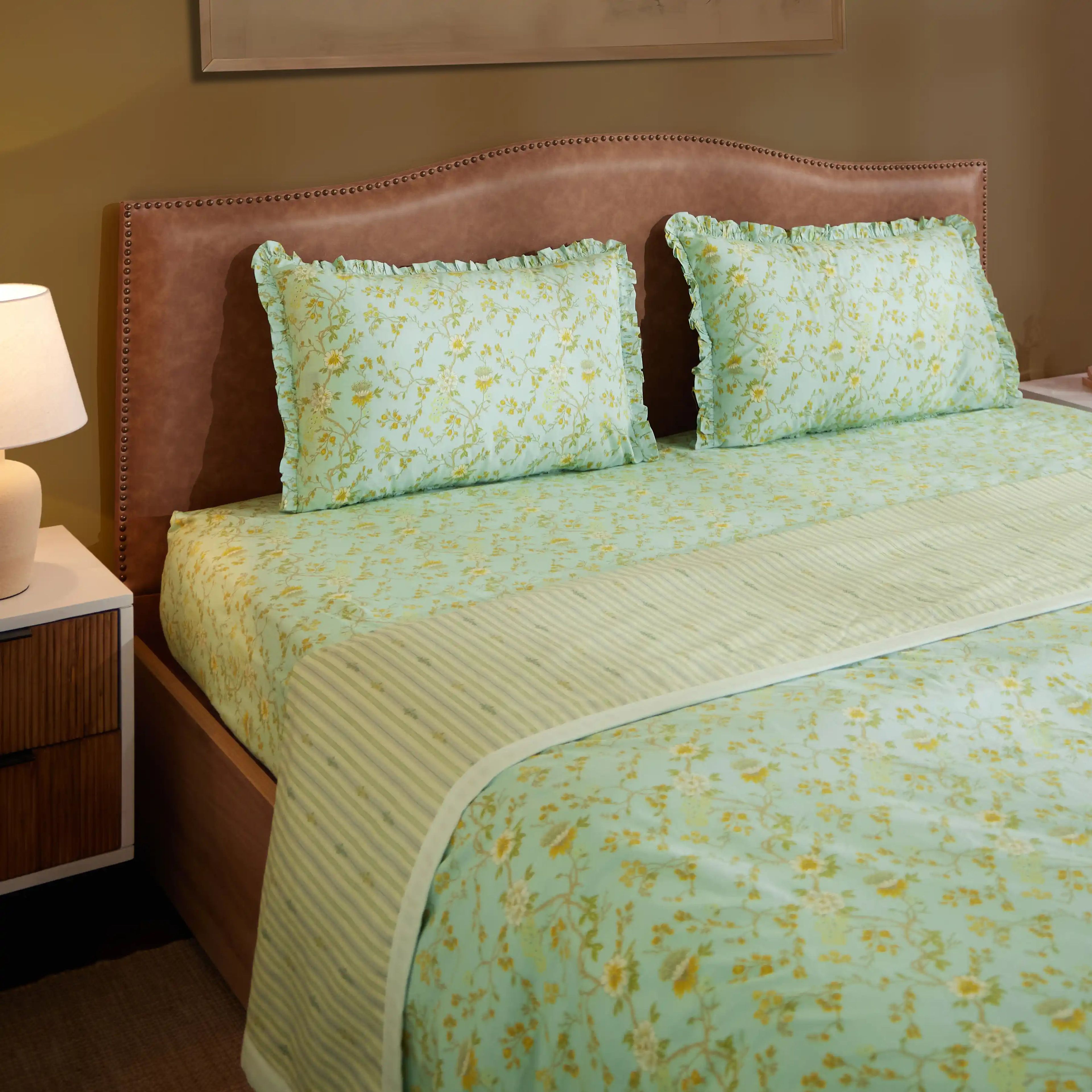 Bloomshire Luxe | Romantic Flora Printed Reversible Dohar with Super Soft Flannel Layering-Light Blue