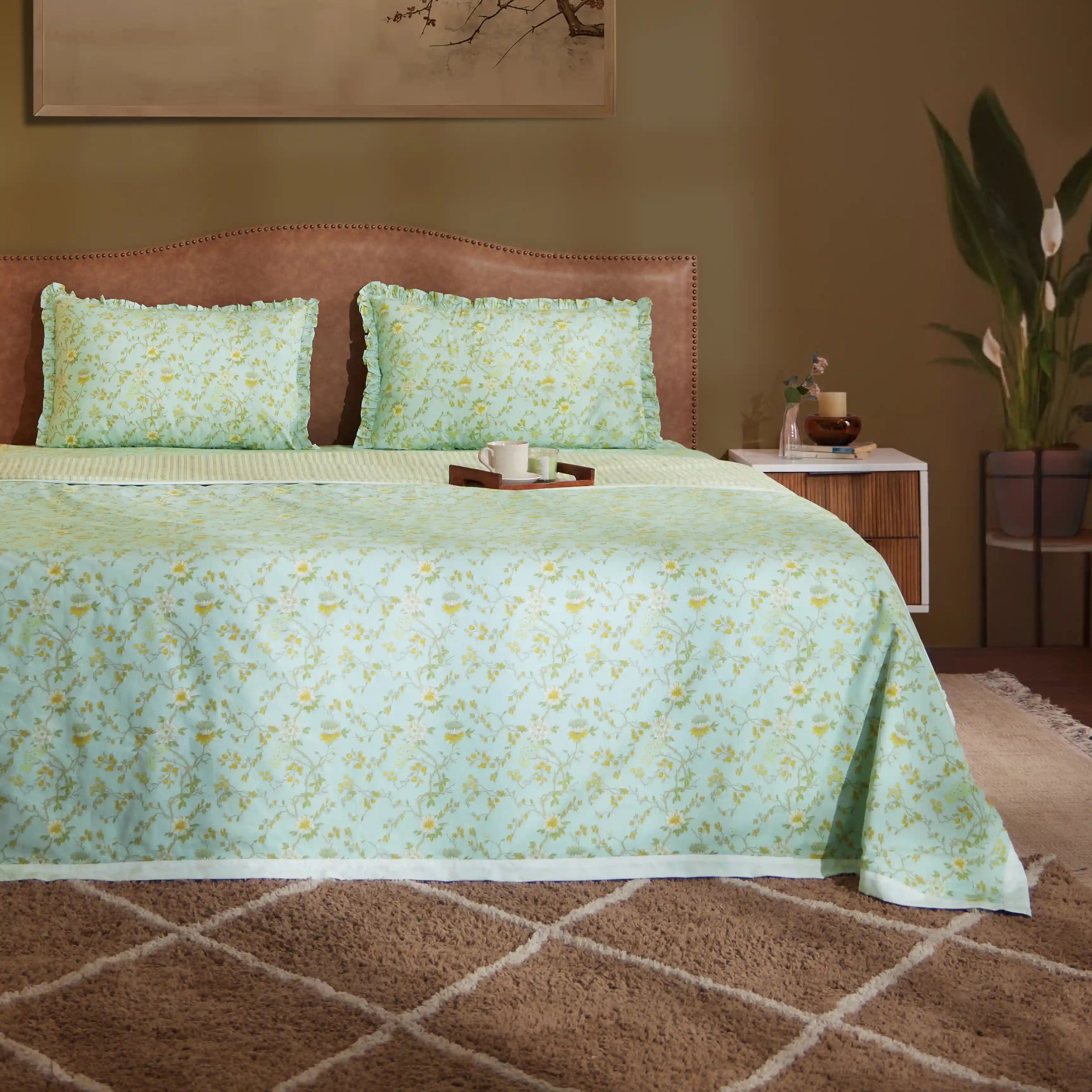 Bloomshire Luxe | Romantic Flora Printed Reversible Dohar with Super Soft Flannel Layering-Light Blue