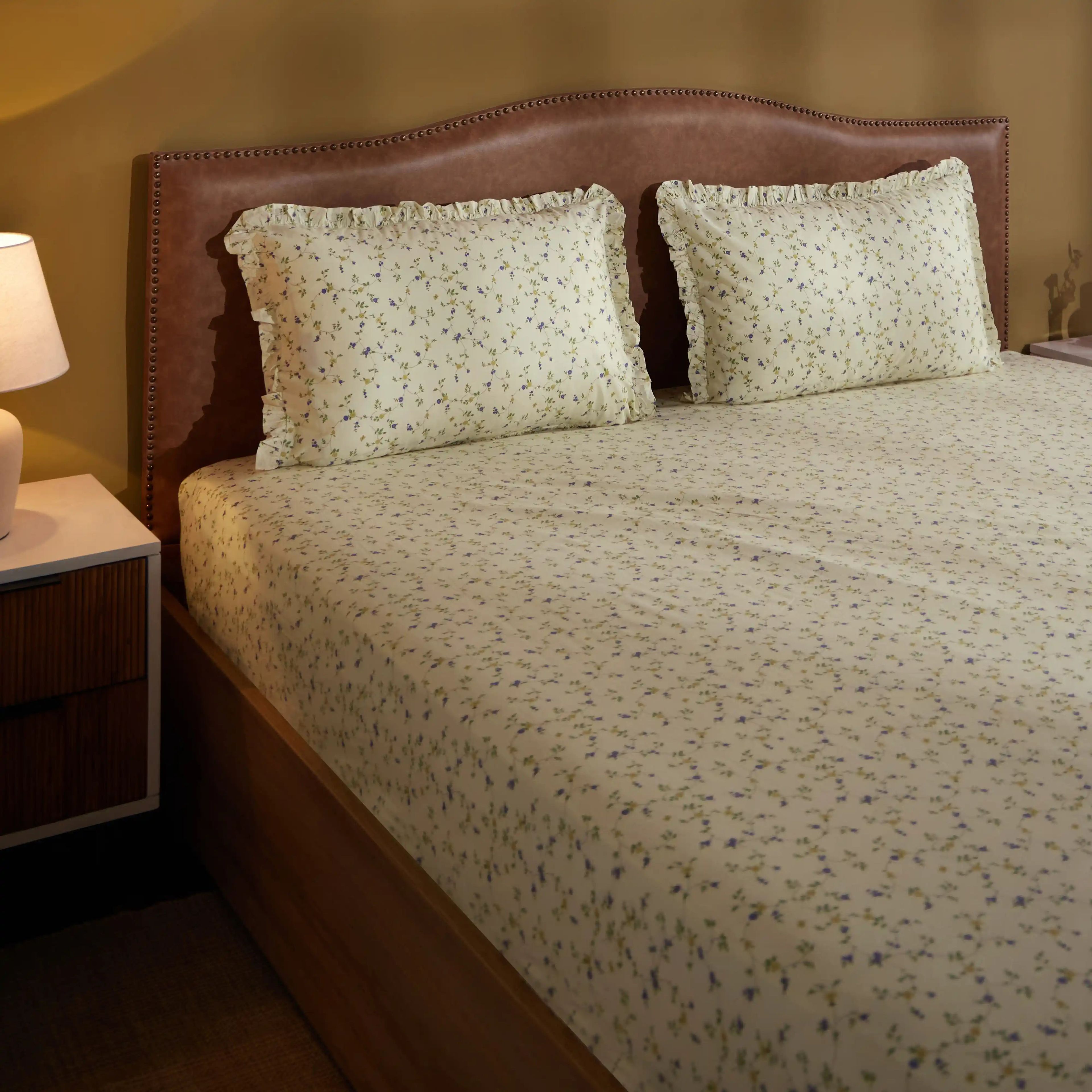 Bloomshire Luxe | Romantic Flora Printed Cotton Fitted Sheet Set | Pillow Cover with Frills-Cream Bloom