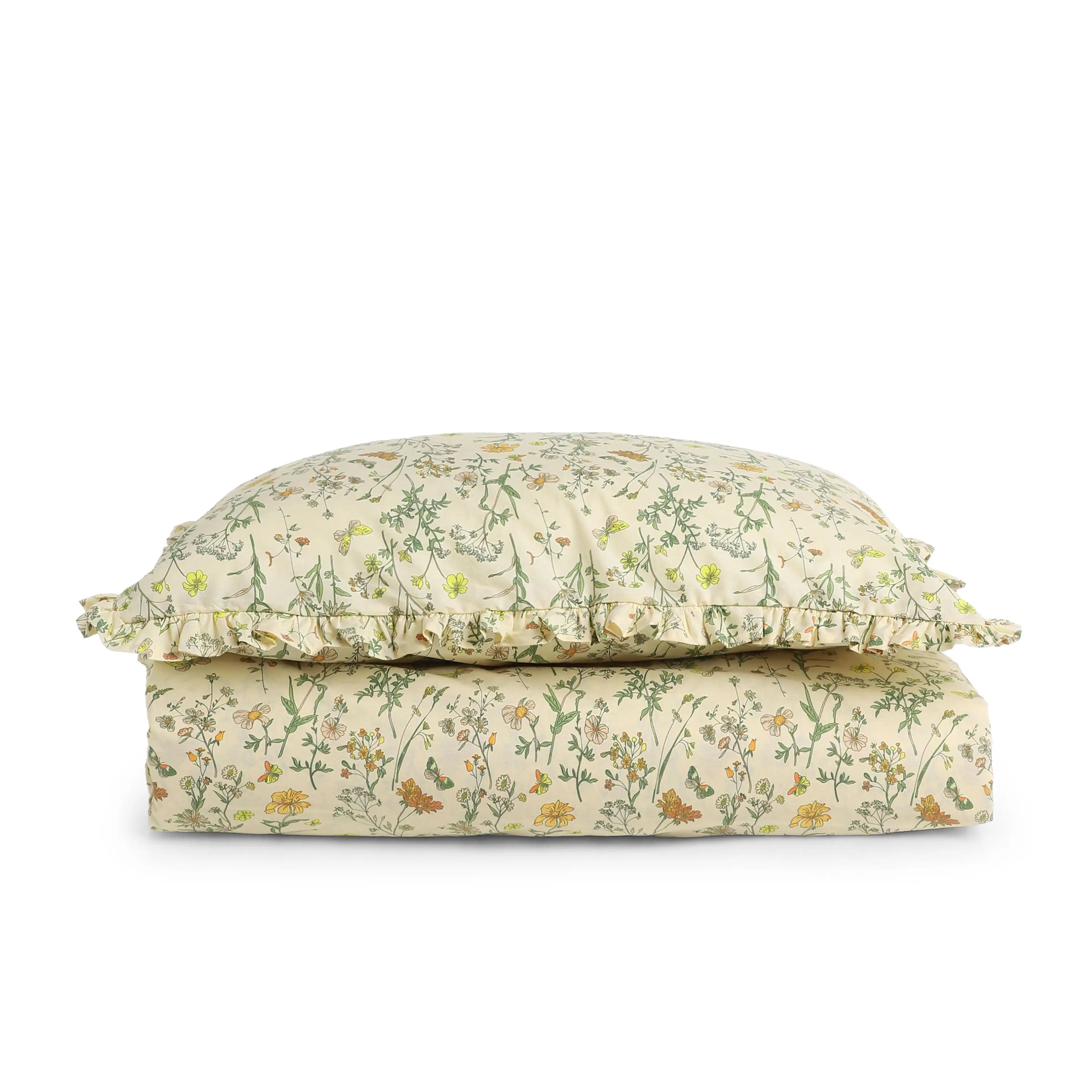 Bloomshire Luxe | Romantic Flora Printed Cotton Bedsheet Set | Pillow Cover with Frills-Mustard