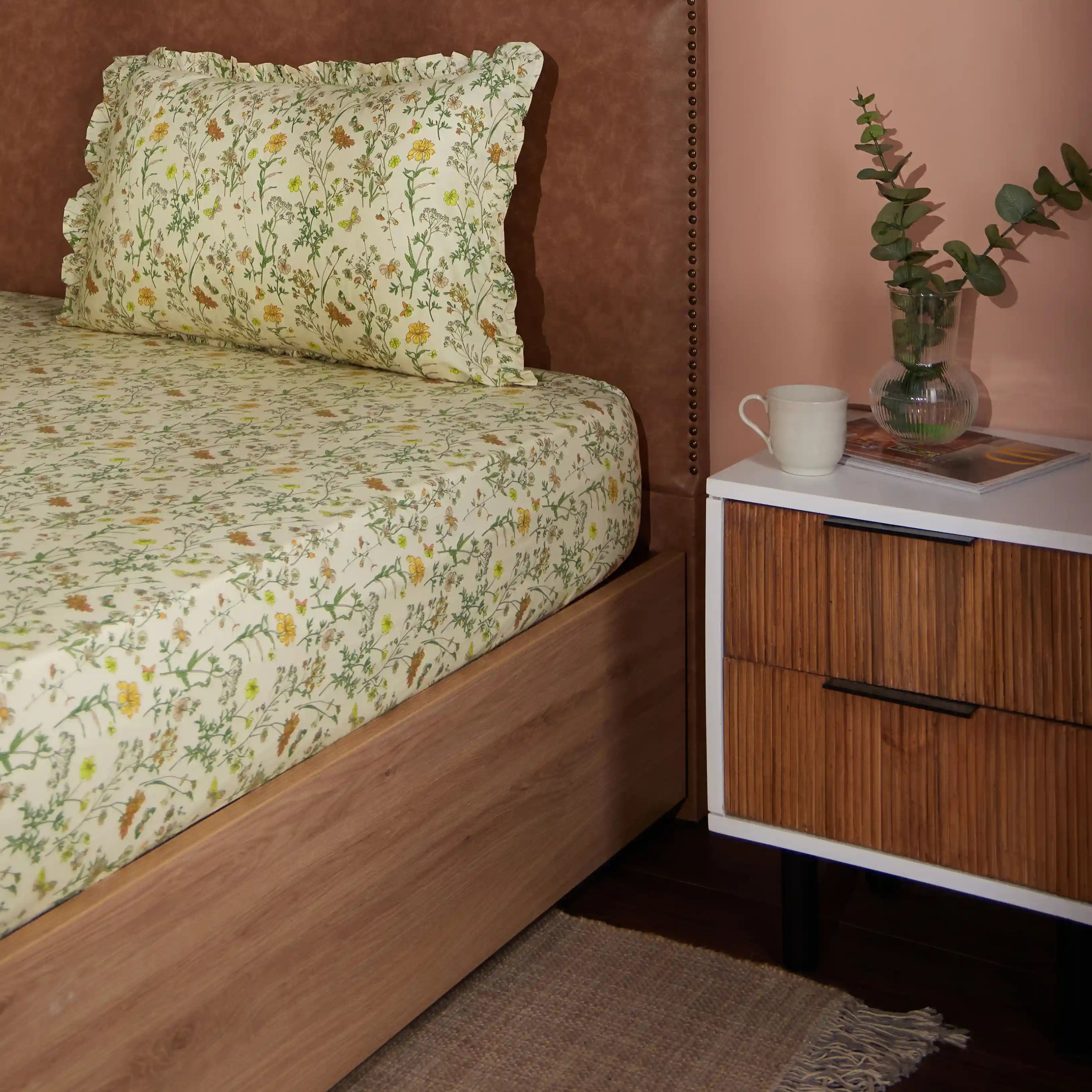 Bloomshire Luxe | Romantic Flora Printed Cotton Bedsheet Set | Pillow Cover with Frills-Mustard