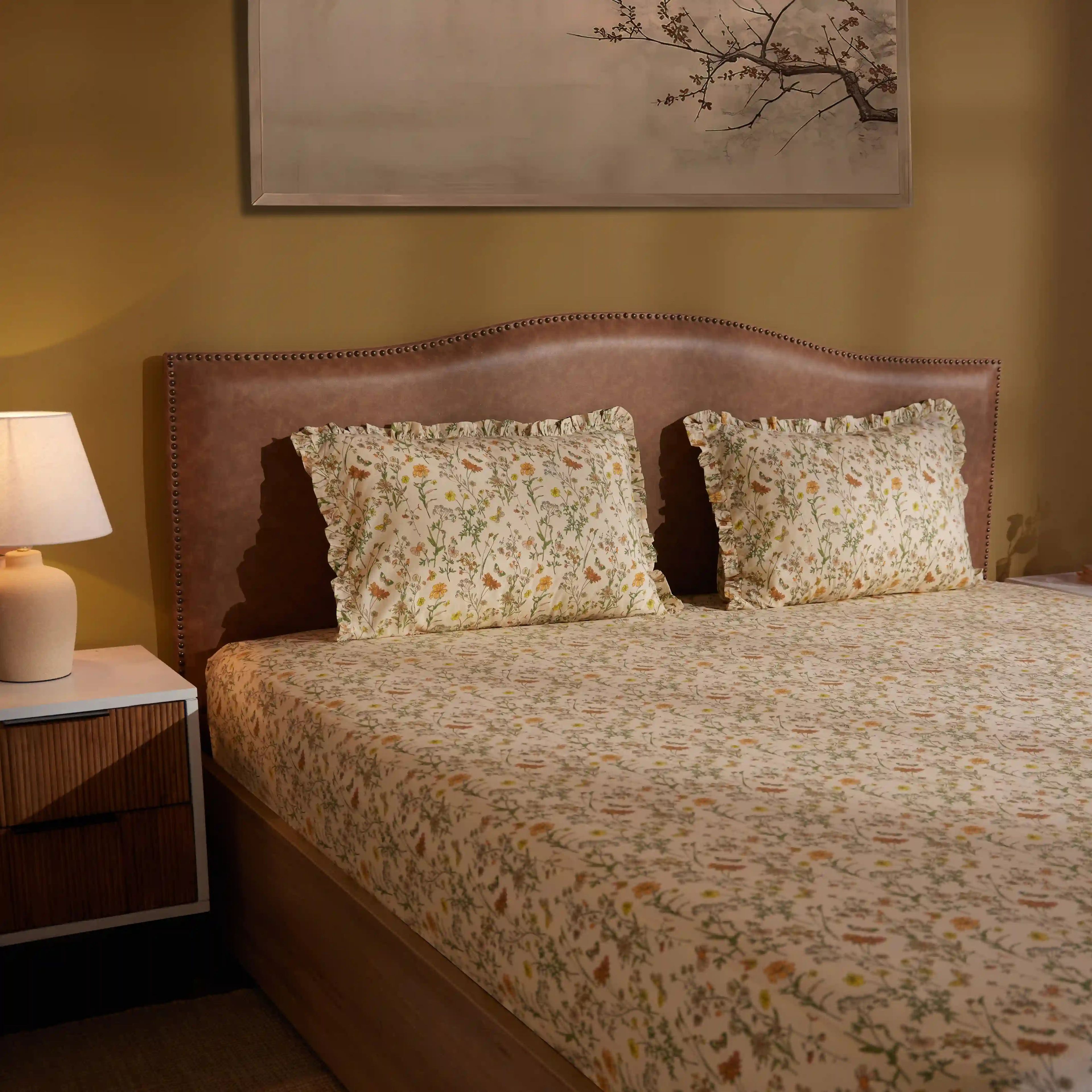 Bloomshire Luxe | Romantic Flora Printed Cotton Bedsheet Set | Pillow Cover with Frills-Mustard