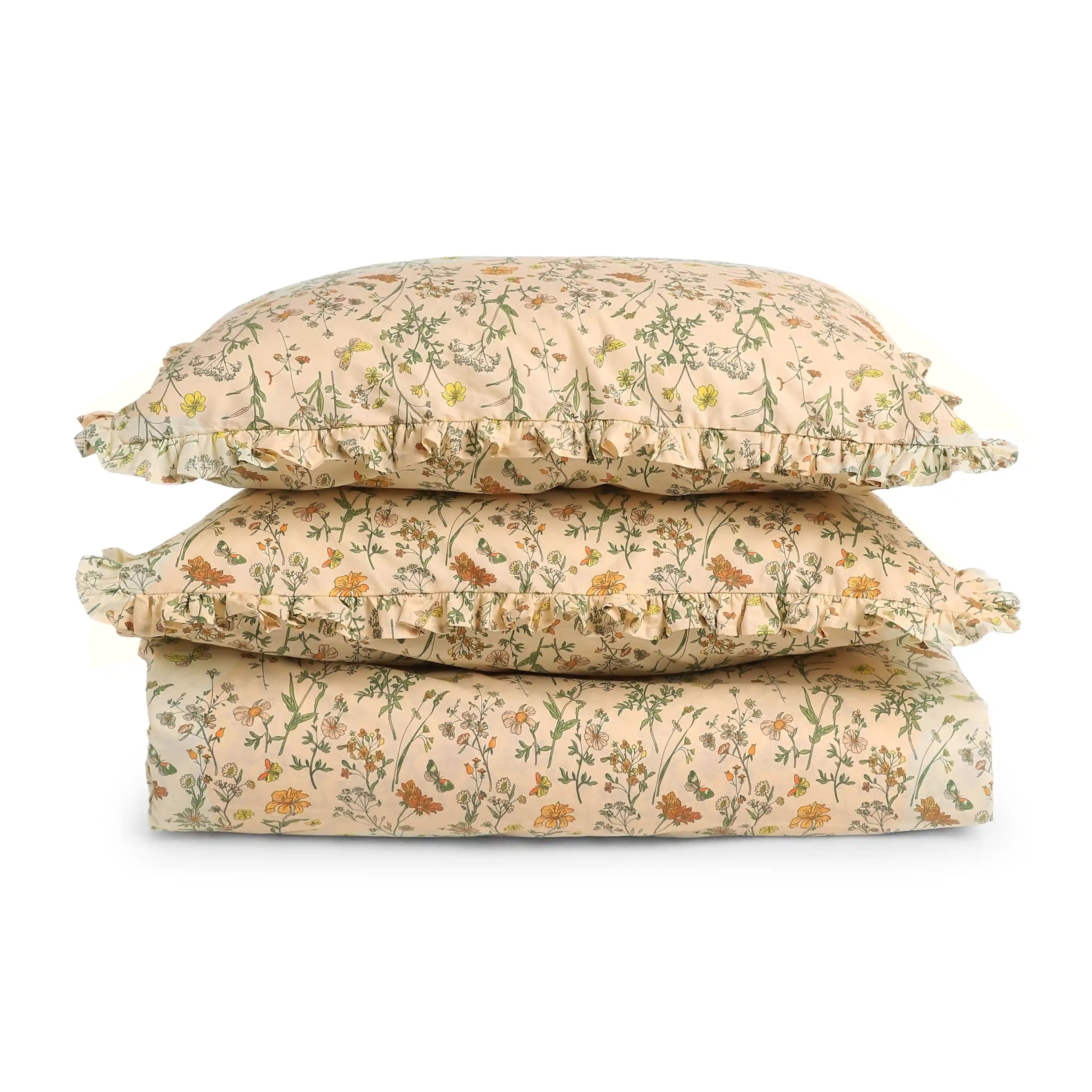 Bloomshire Luxe | Romantic Flora Printed Cotton Bedsheet Set | Pillow Cover with Frills-Mustard