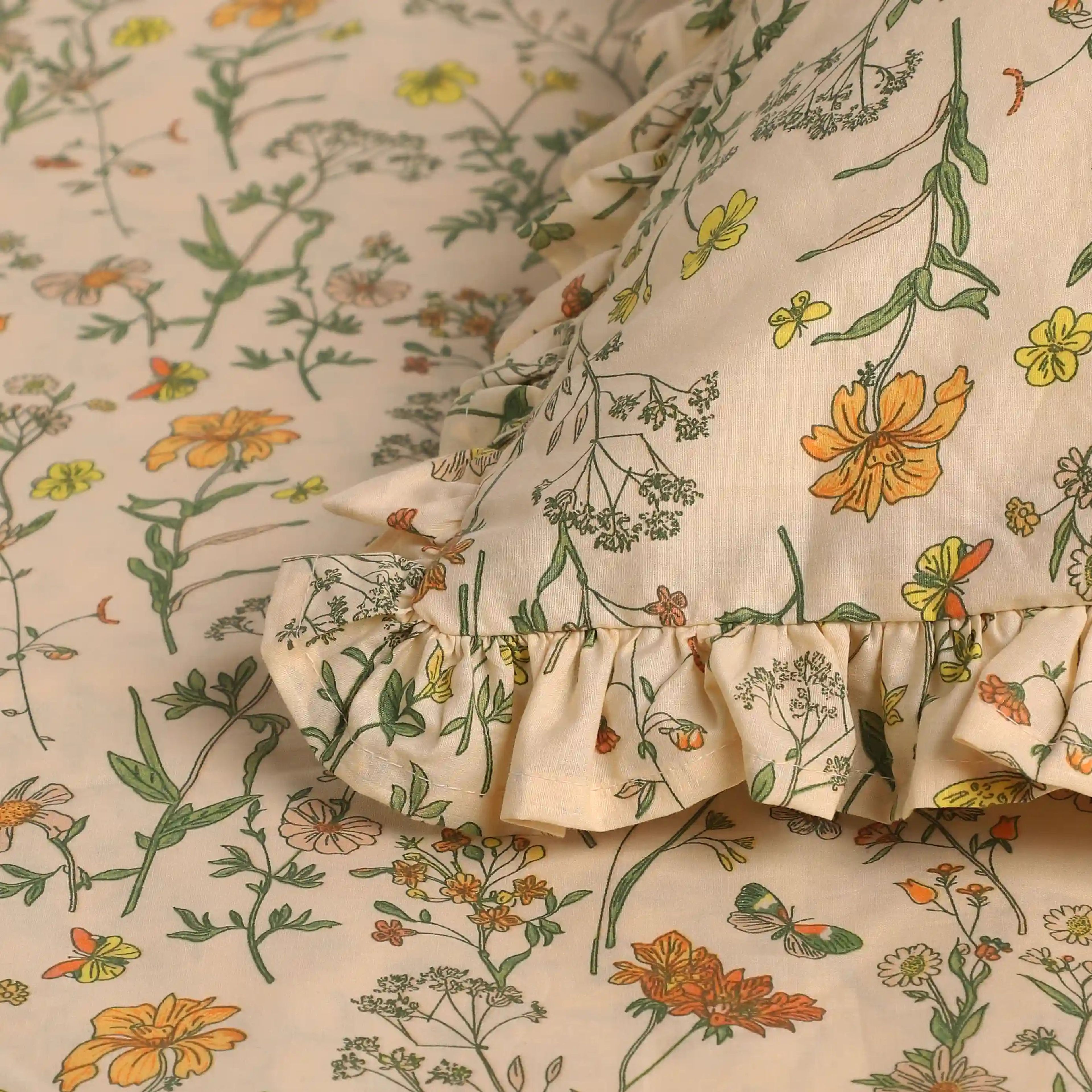 Bloomshire Luxe | Romantic Flora Printed Cotton Bedsheet Set | Pillow Cover with Frills-Mustard