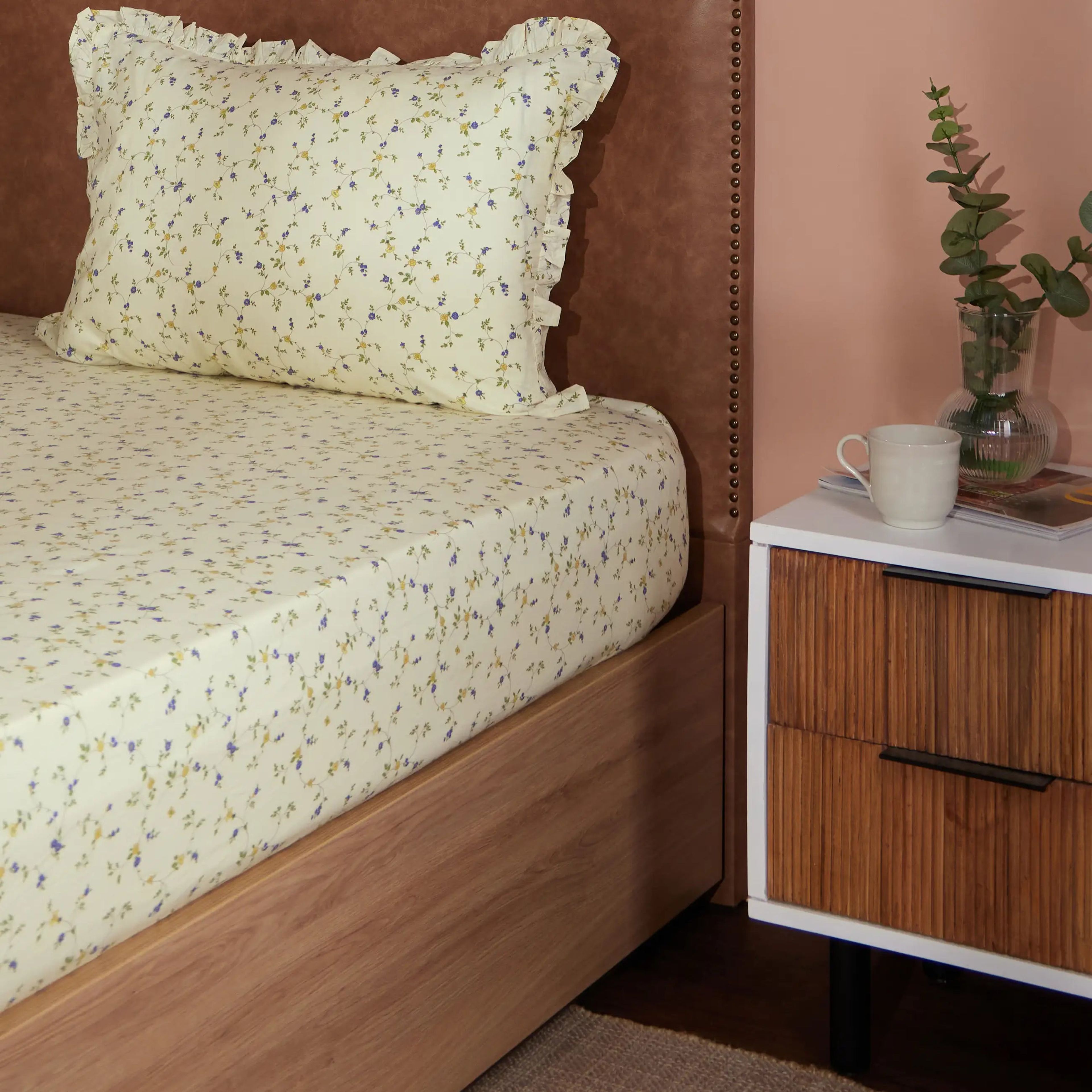 Bloomshire Luxe | Romantic Flora Printed Cotton Bedsheet Set | Pillow Cover with Frills-Cream Bloom