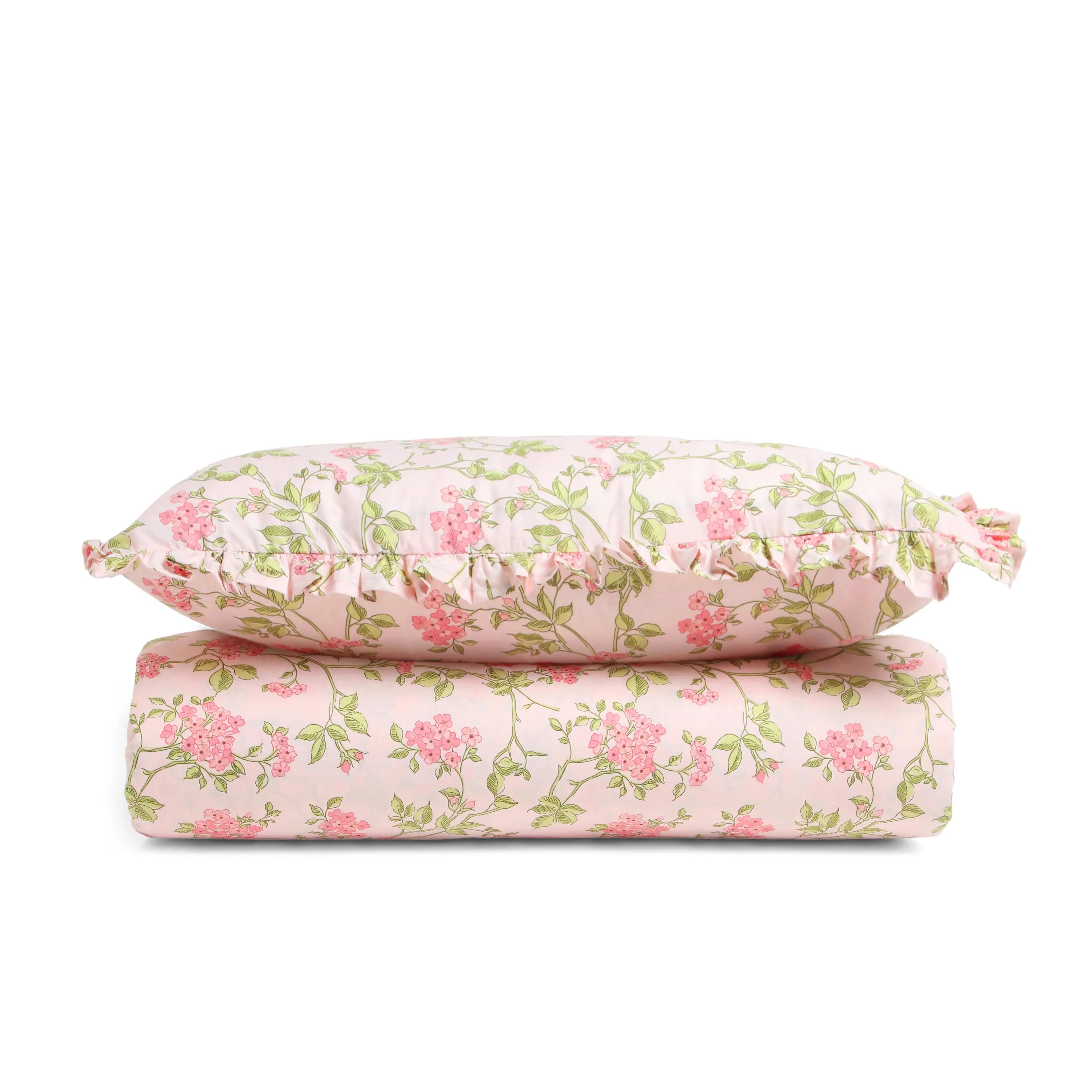 Bloomshire Luxe | Romantic Flora Printed Cotton Bedsheet Set | Pillow Cover with Frills-Pink