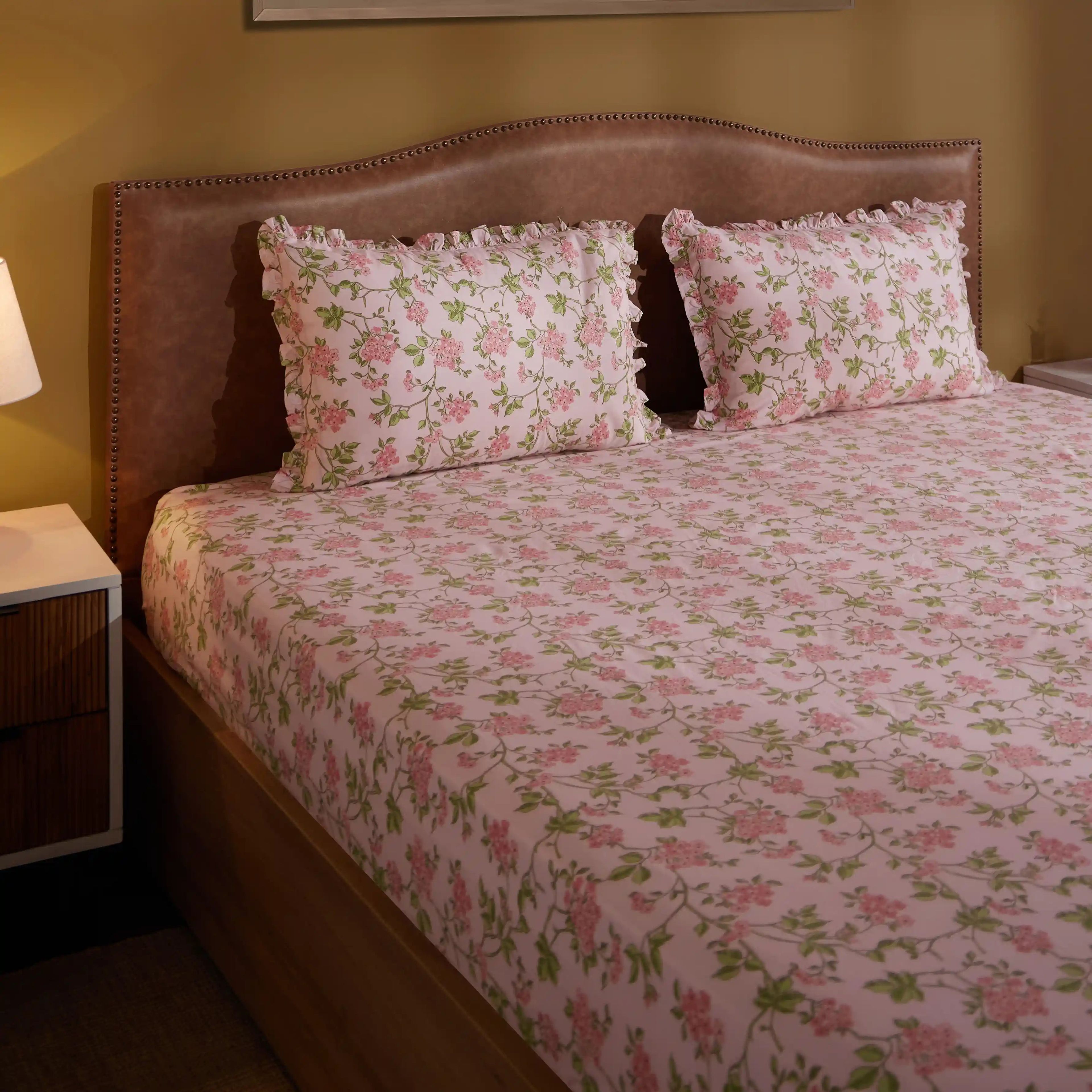 Bloomshire Luxe | Romantic Flora Printed Cotton Bedsheet Set | Pillow Cover with Frills-Pink