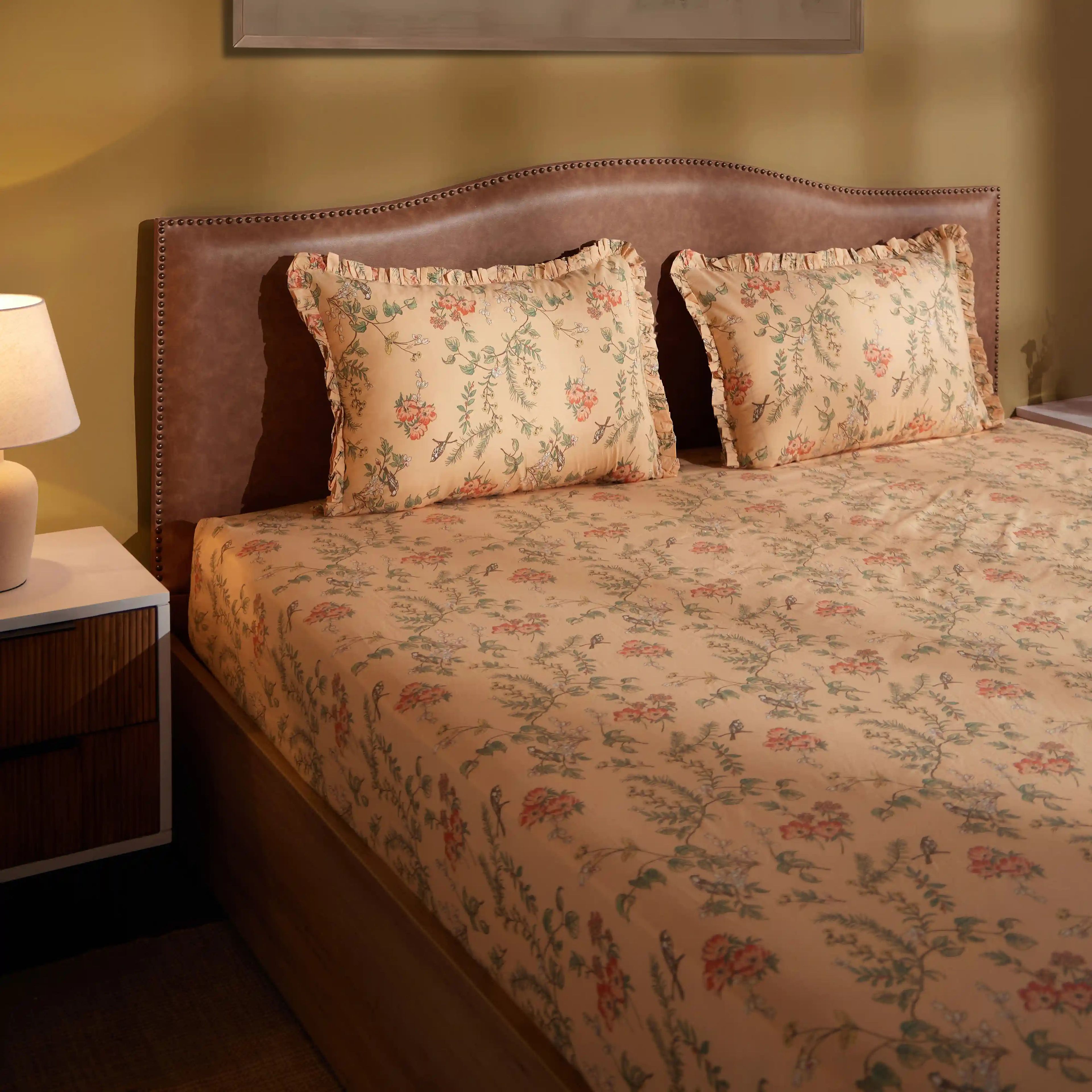 Bloomshire Luxe | Romantic Flora Printed Cotton Bedsheet Set | Pillow Cover with Frills-Peach