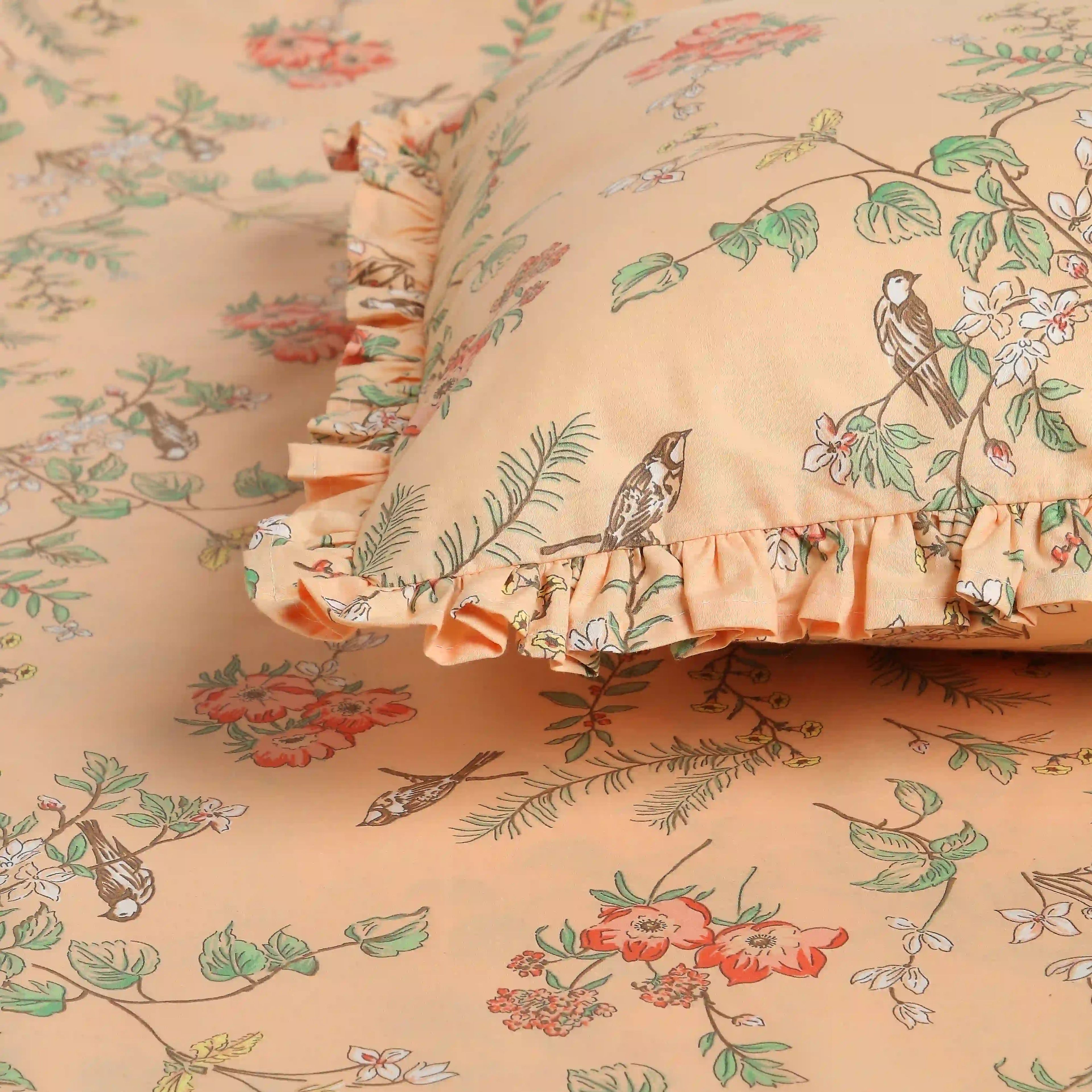 Bloomshire Luxe | Romantic Flora Printed Cotton Bedsheet Set | Pillow Cover with Frills-Peach