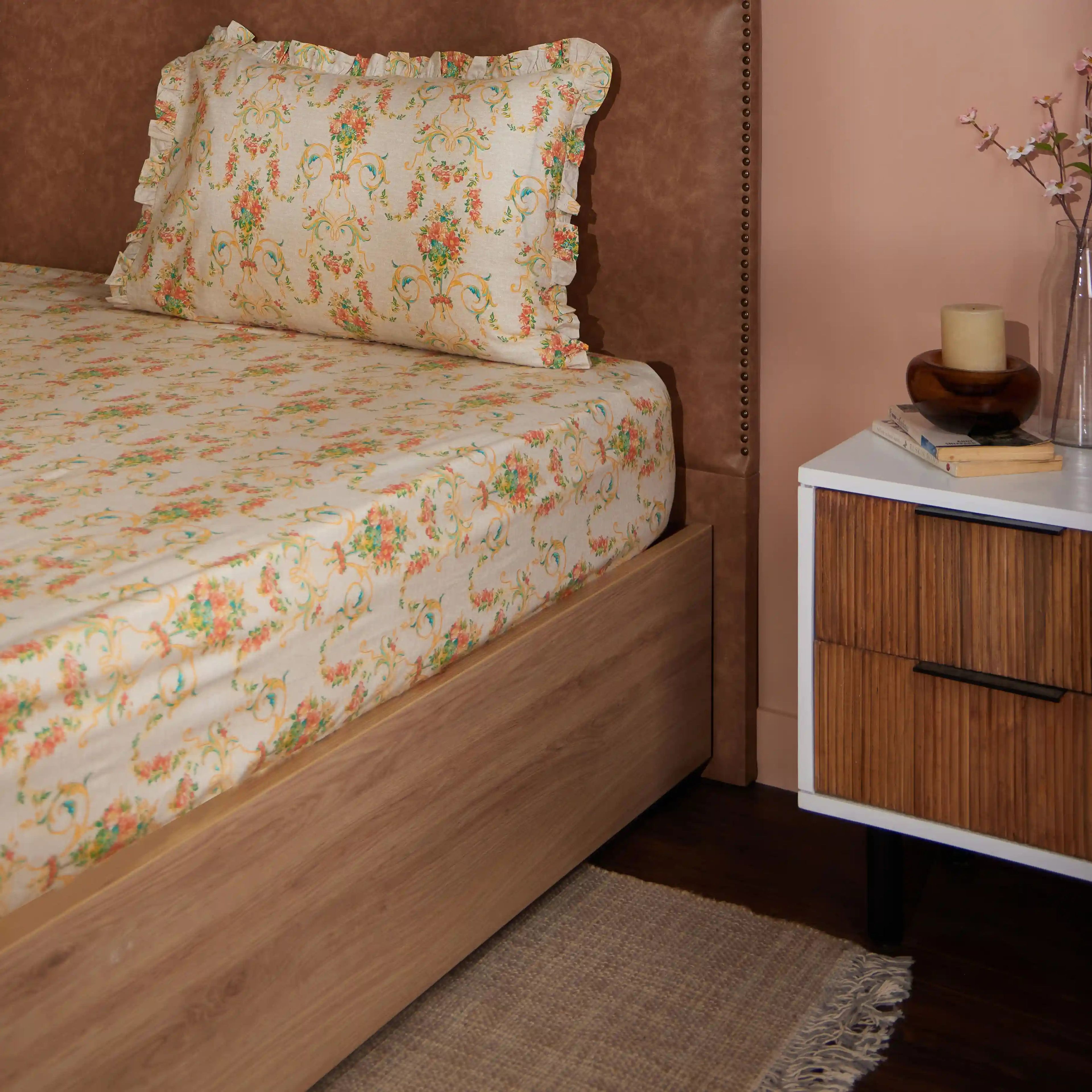 Bloomshire Luxe | Romantic Flora Printed Cotton Bedsheet Set | Pillow Cover with Frills-Multicolour