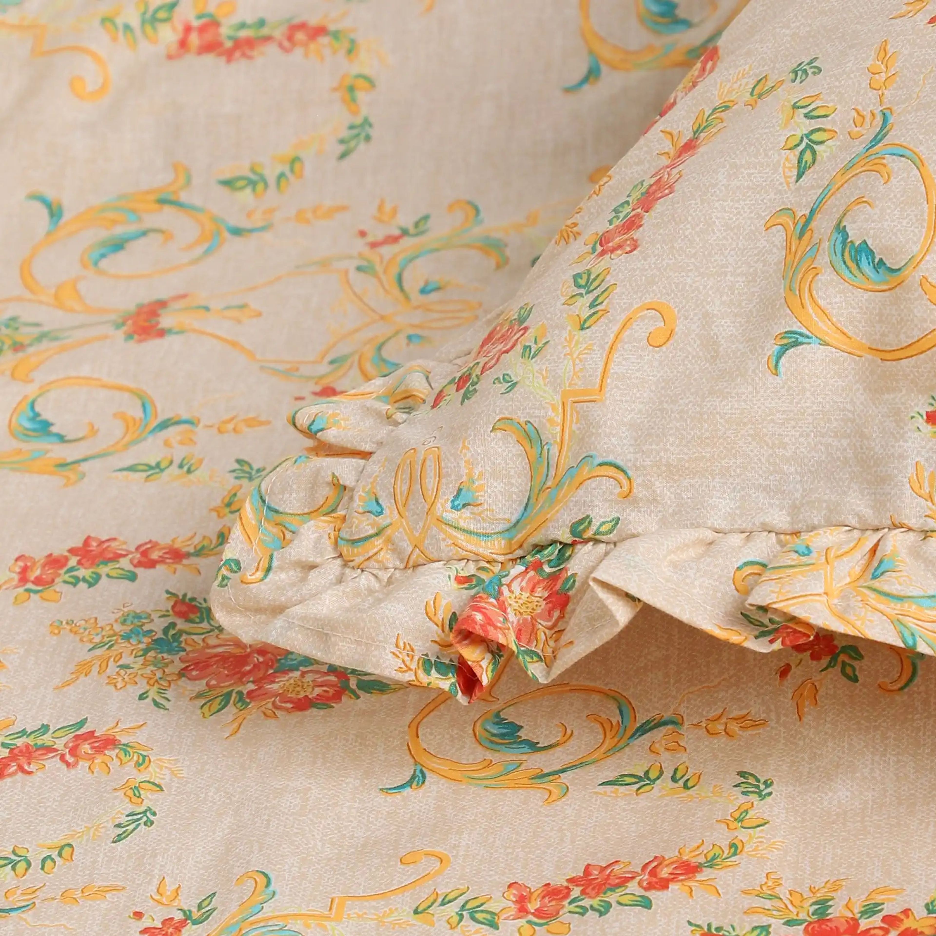 Bloomshire Luxe | Romantic Flora Printed Cotton Bedsheet Set | Pillow Cover with Frills-Multicolour