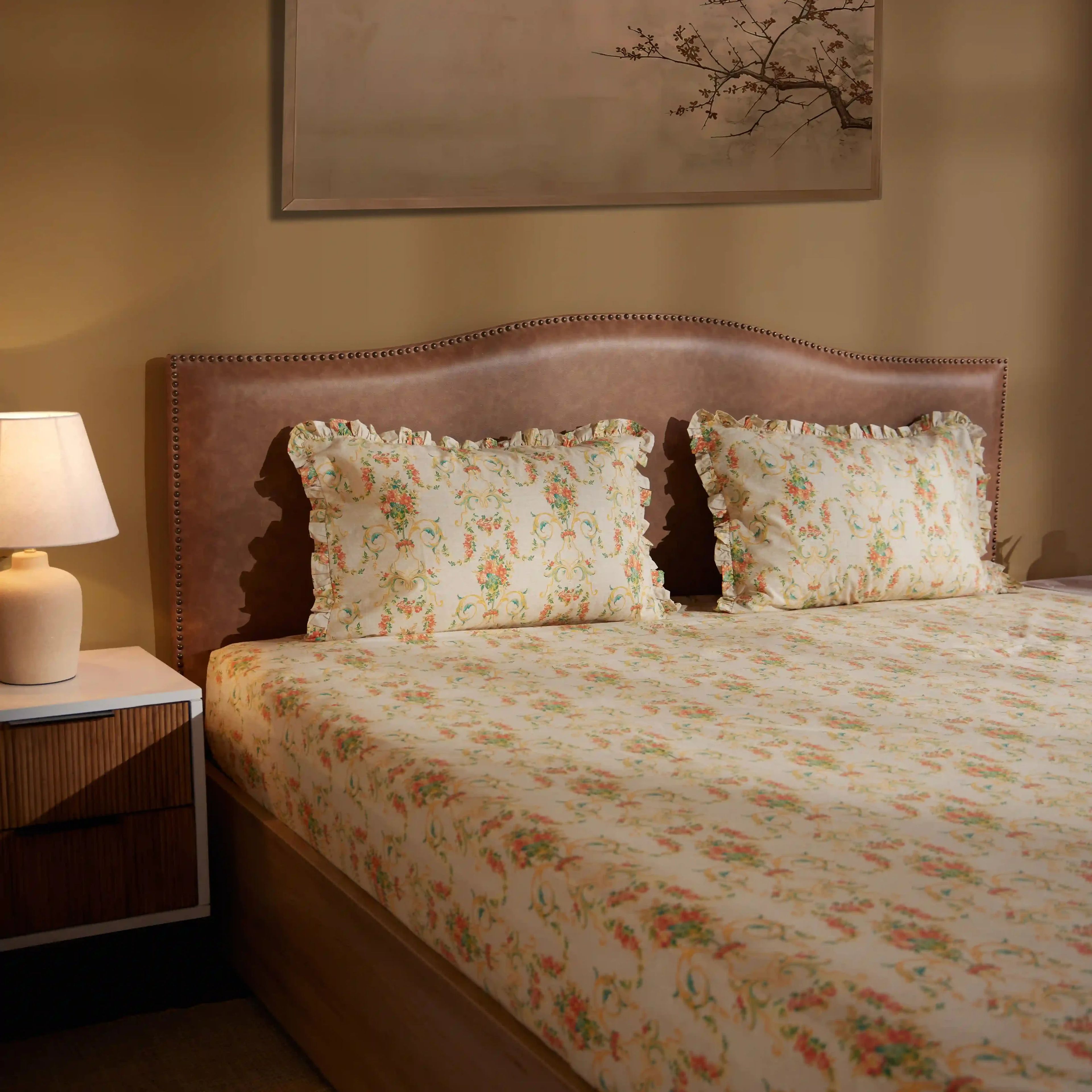 Bloomshire Luxe | Romantic Flora Printed Cotton Bedsheet Set | Pillow Cover with Frills-Multicolour