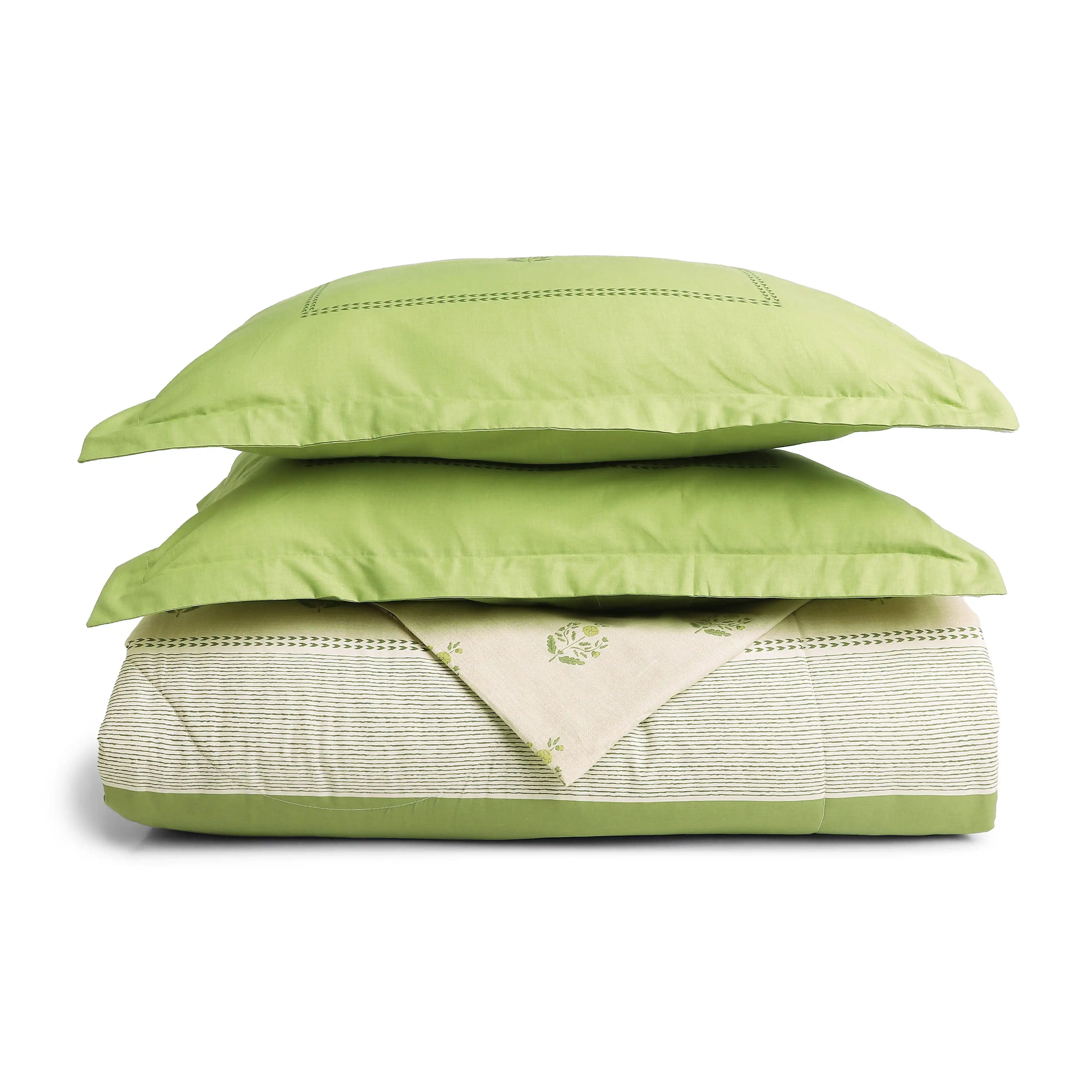 Chippa Lane | Contemporary Indian Print Design Coordinated Bedding Set | Set of Bedsheet & Comforter-Indian Moss