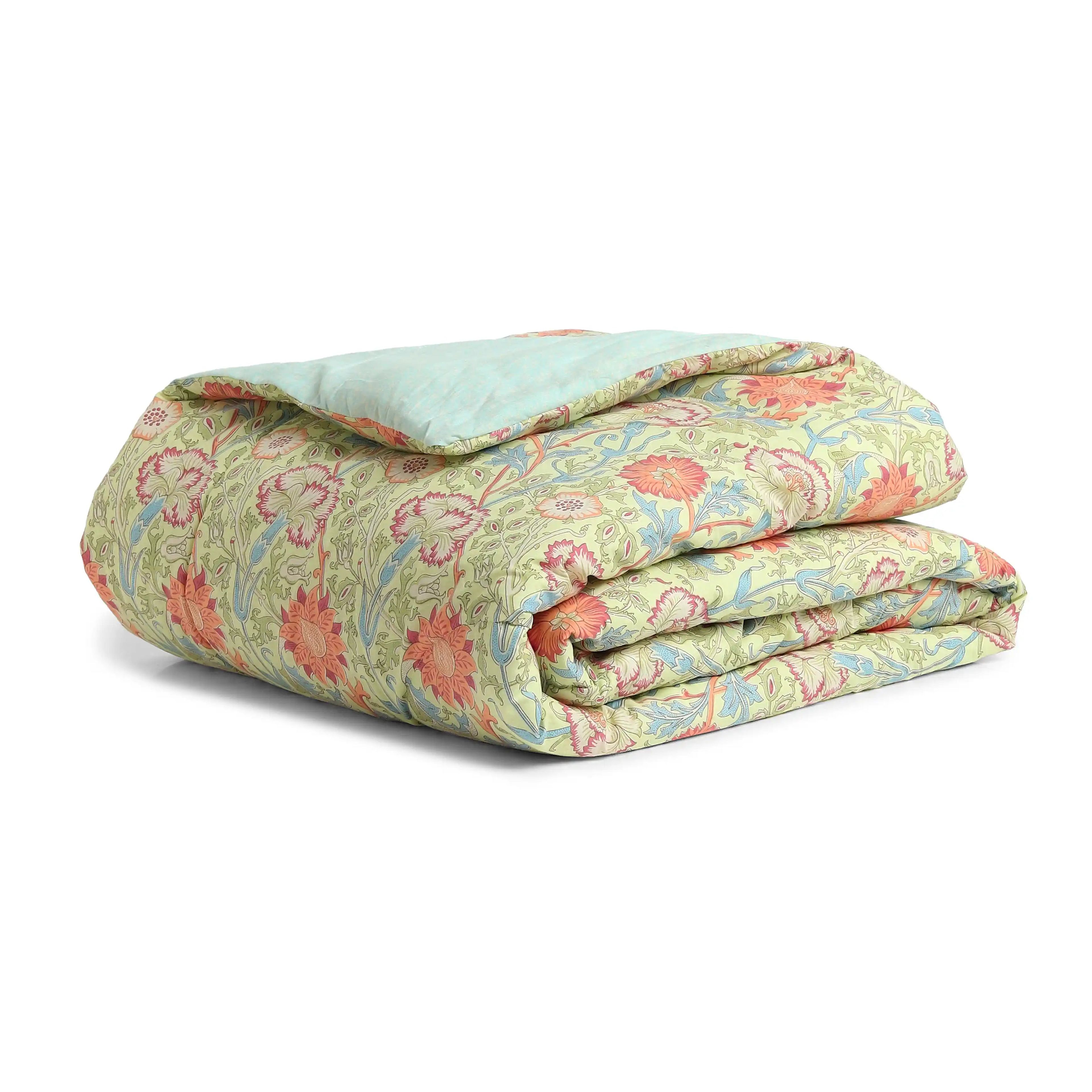 Chippa Lane | Contemporary Indian Print Design Coordinated Bedding Set | Set of Bedsheet & Comforter-Green