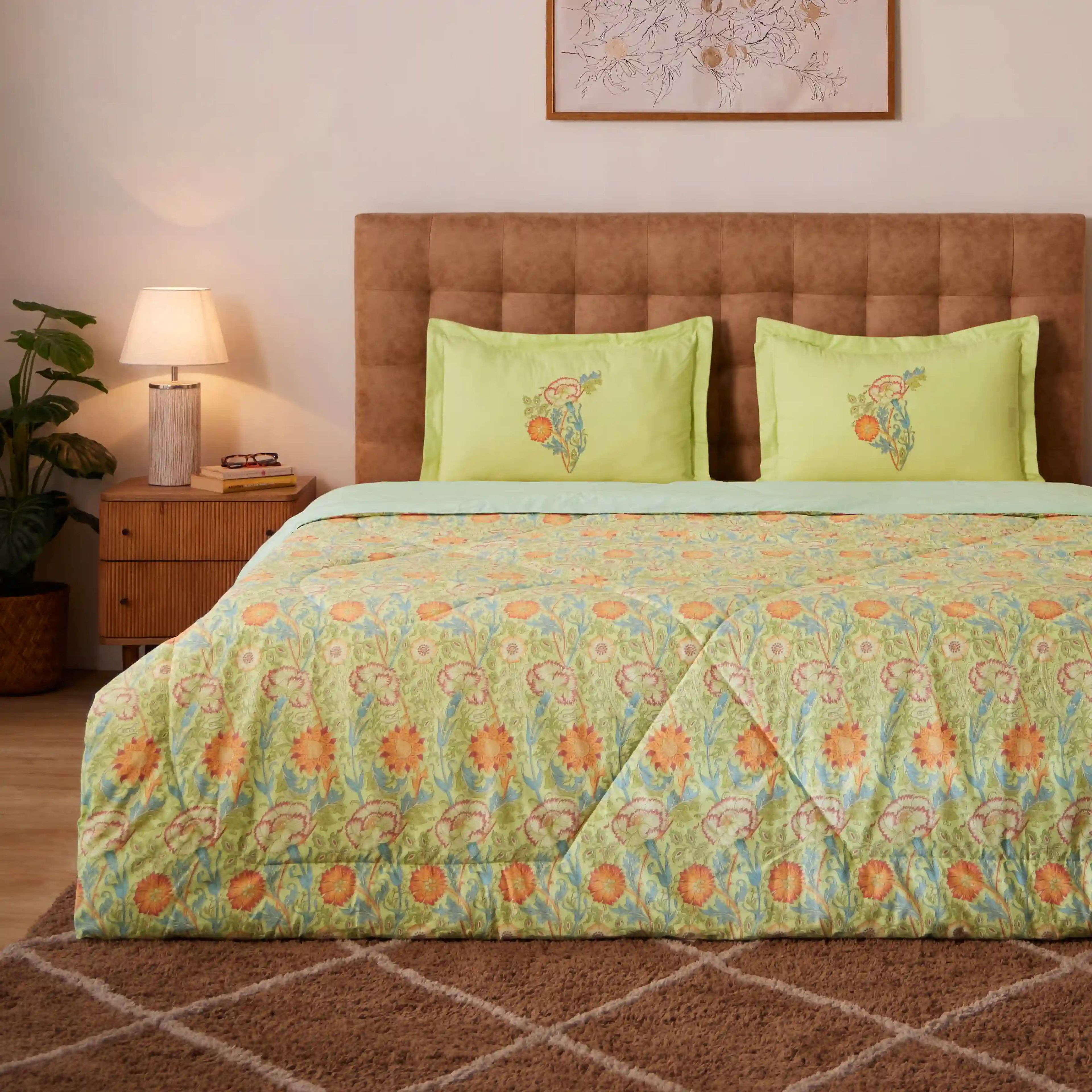 Chippa Lane | Contemporary Indian Print Design Coordinated Bedding Set | Set of Bedsheet & Comforter-Green