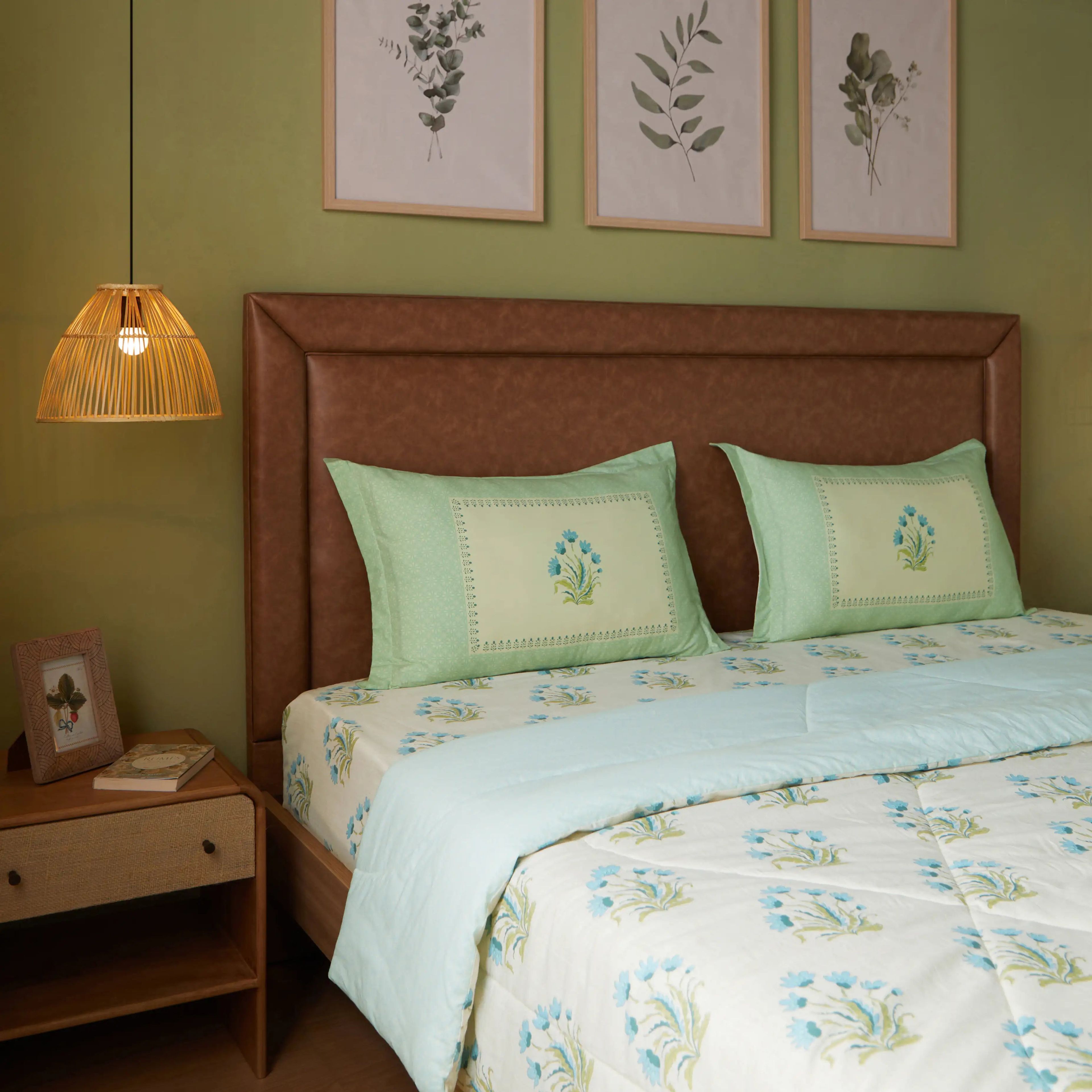 Chippa Lane | Contemporary Indian Print Design Coordinated Bedding Set | Set of Bedsheet & Comforter-Indian Sage