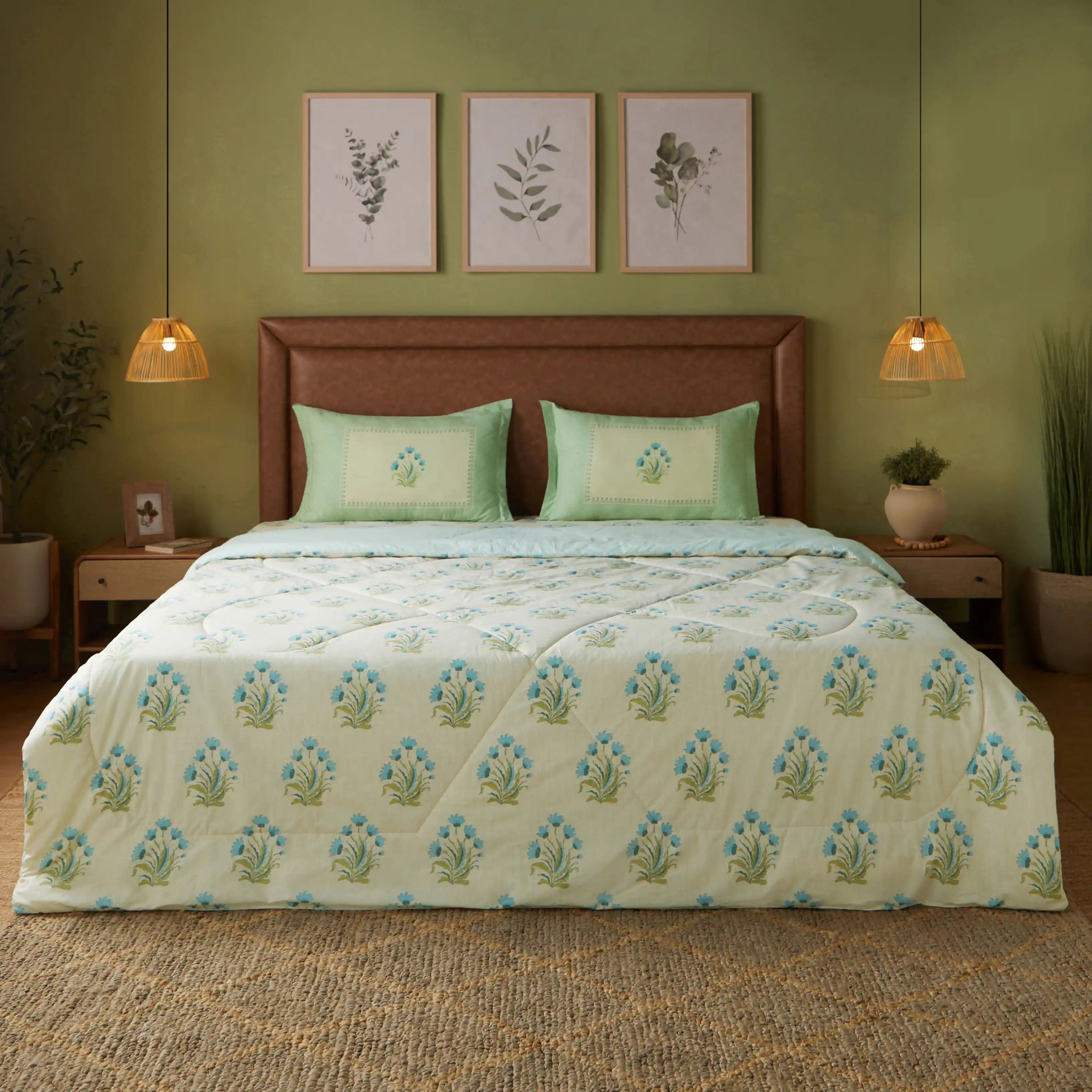 Chippa Lane | Contemporary Indian Print Design Coordinated Bedding Set | Set of Bedsheet & Comforter-Indian Sage