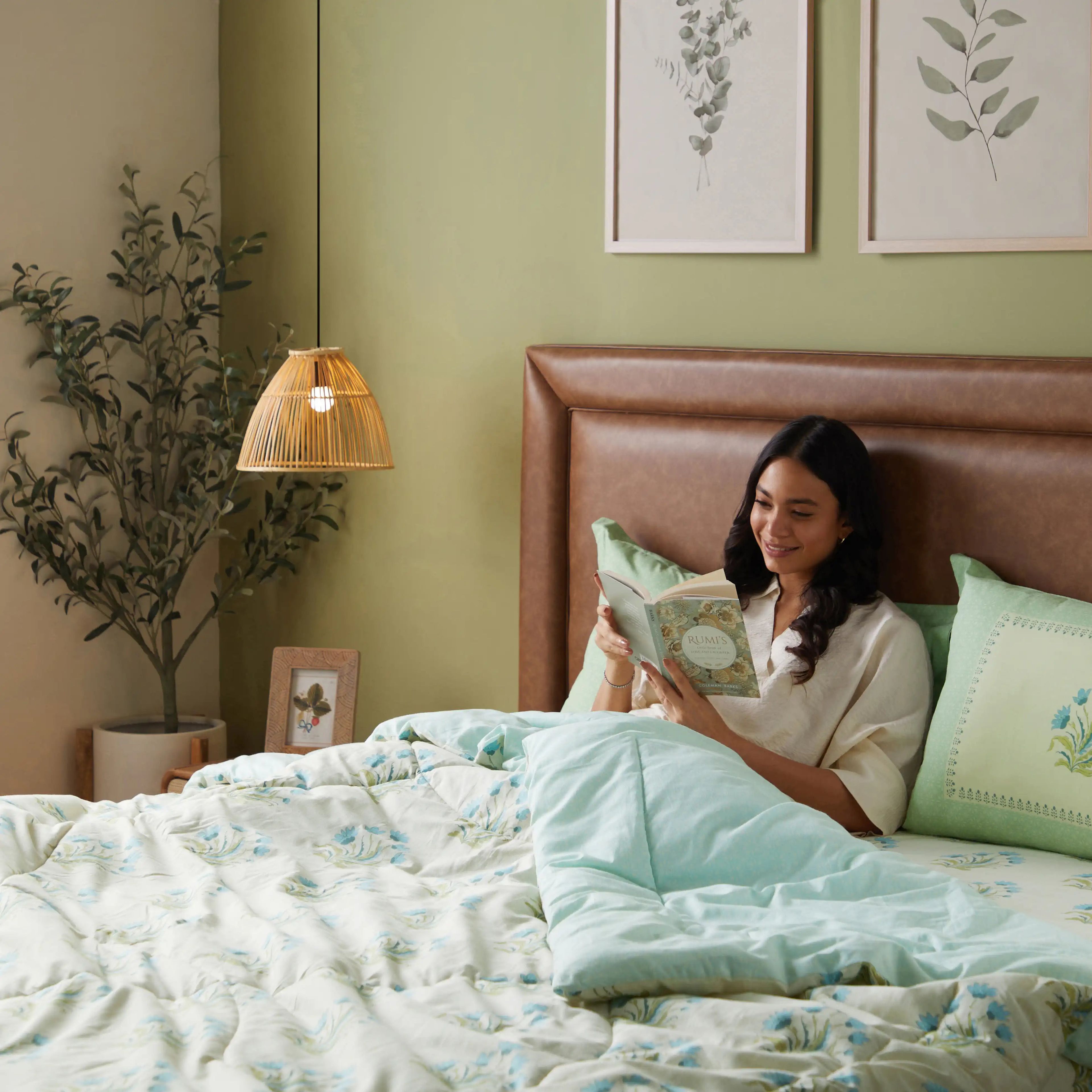 Chippa Lane | Contemporary Indian Print Design Coordinated Bedding Set | Set of Bedsheet & Comforter-Indian Sage