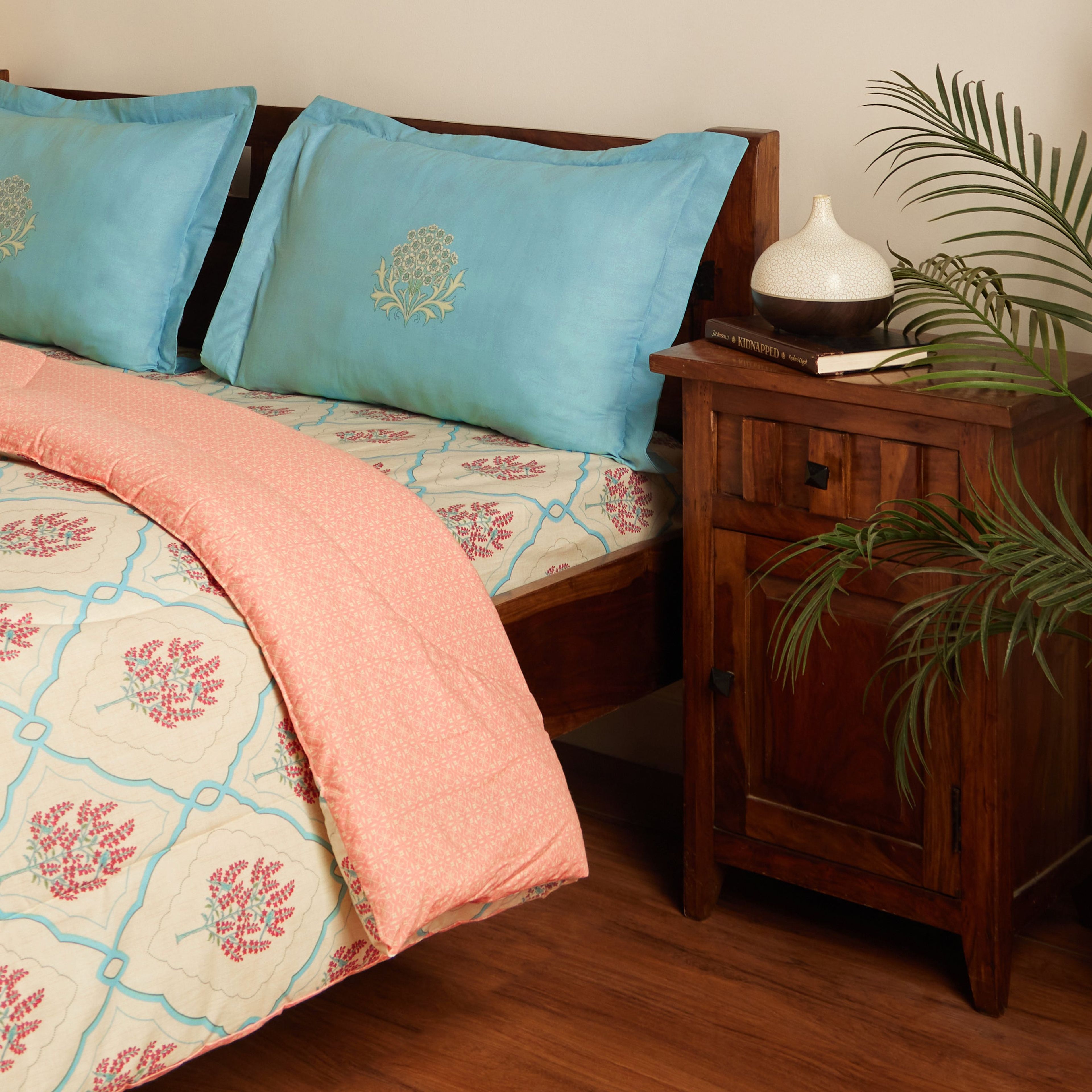 Chippa Lane | Contemporary Indian Print Design Coordinated Bedding Set | Set of Bedsheet & Comforter-Sage Bloom