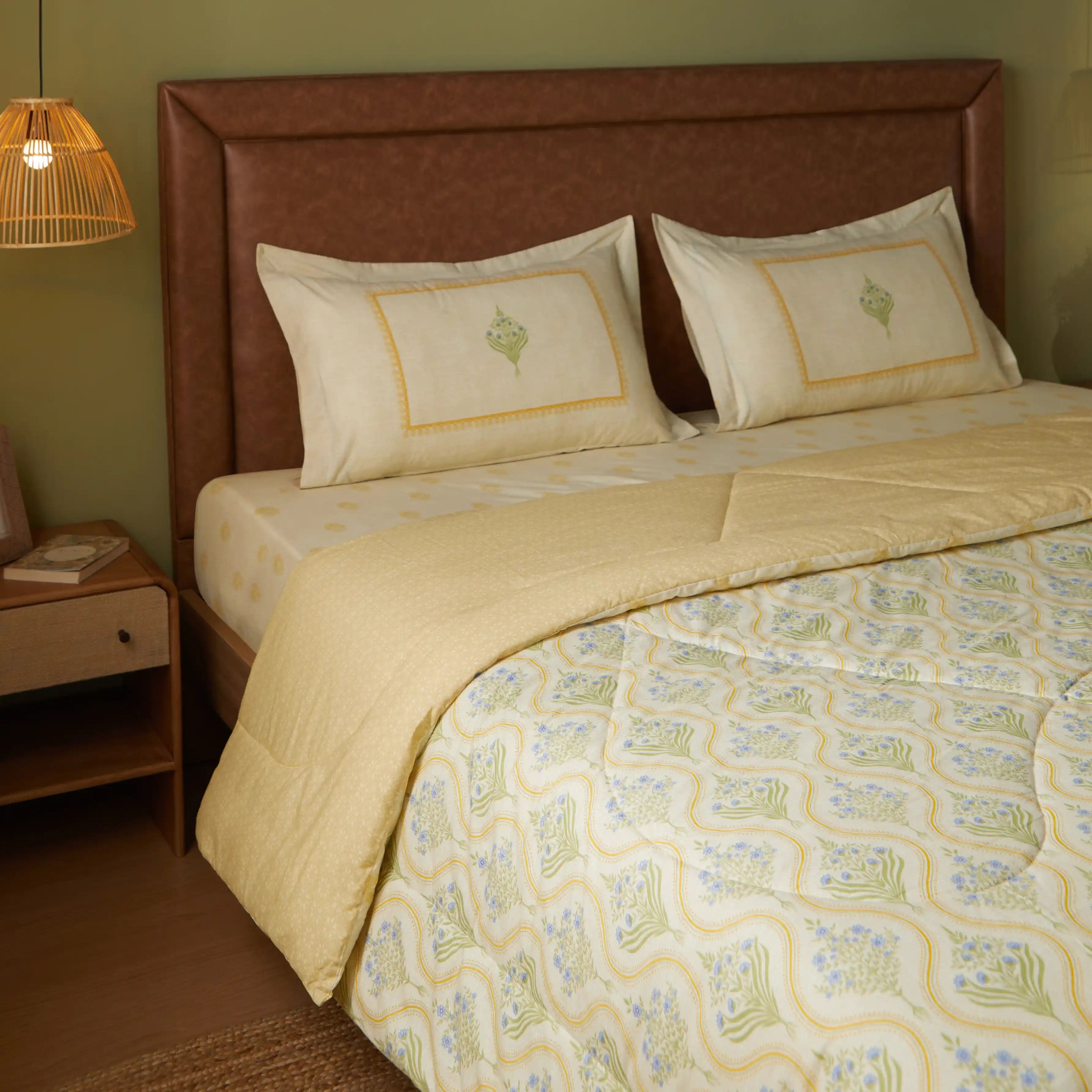 Chippa Lane | Contemporary Indian Print Design Coordinated Bedding Set | Set of Bedsheet & Comforter-Mustard