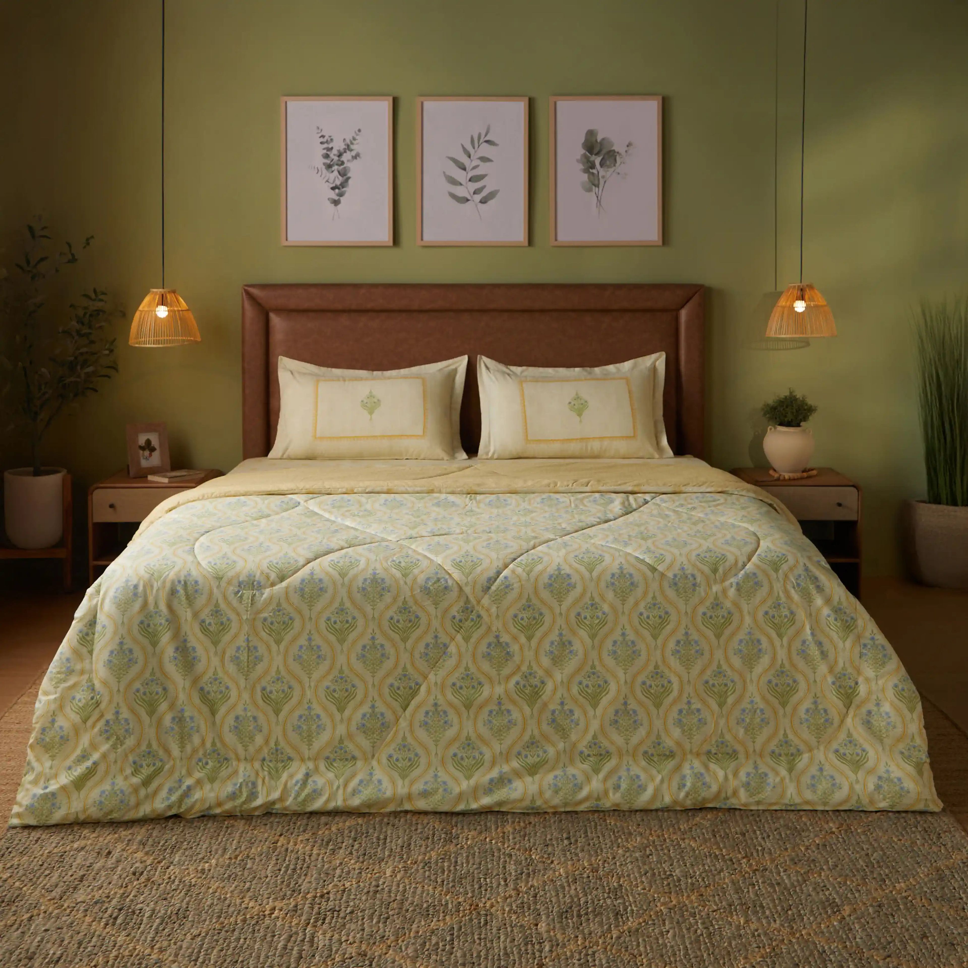 Chippa Lane | Contemporary Indian Print Design Coordinated Bedding Set | Set of Bedsheet & Comforter-Mustard