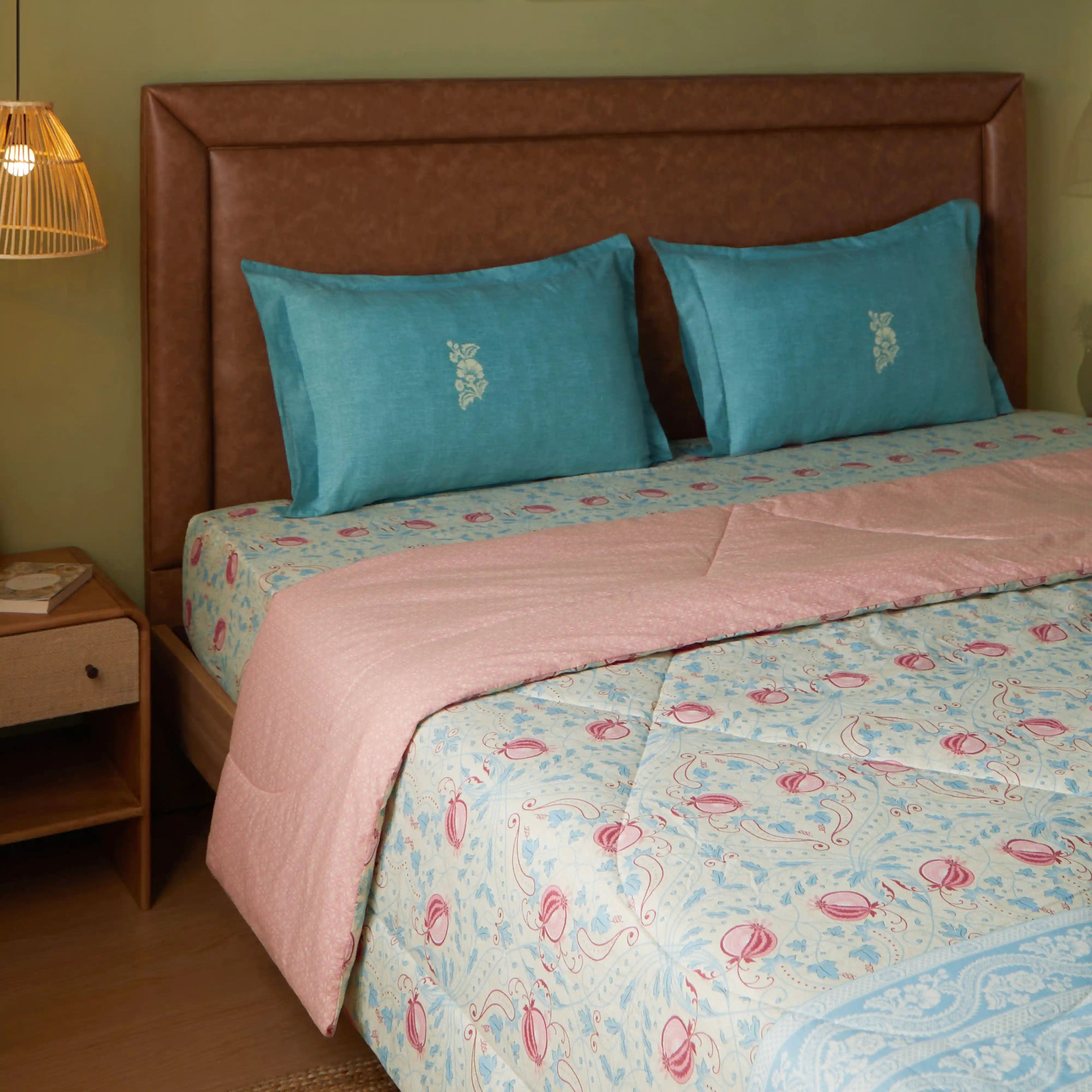 Chippa Lane | Contemporary Indian Print Design Coordinated Bedding Set | Set of Bedsheet & Comforter-Light Blue