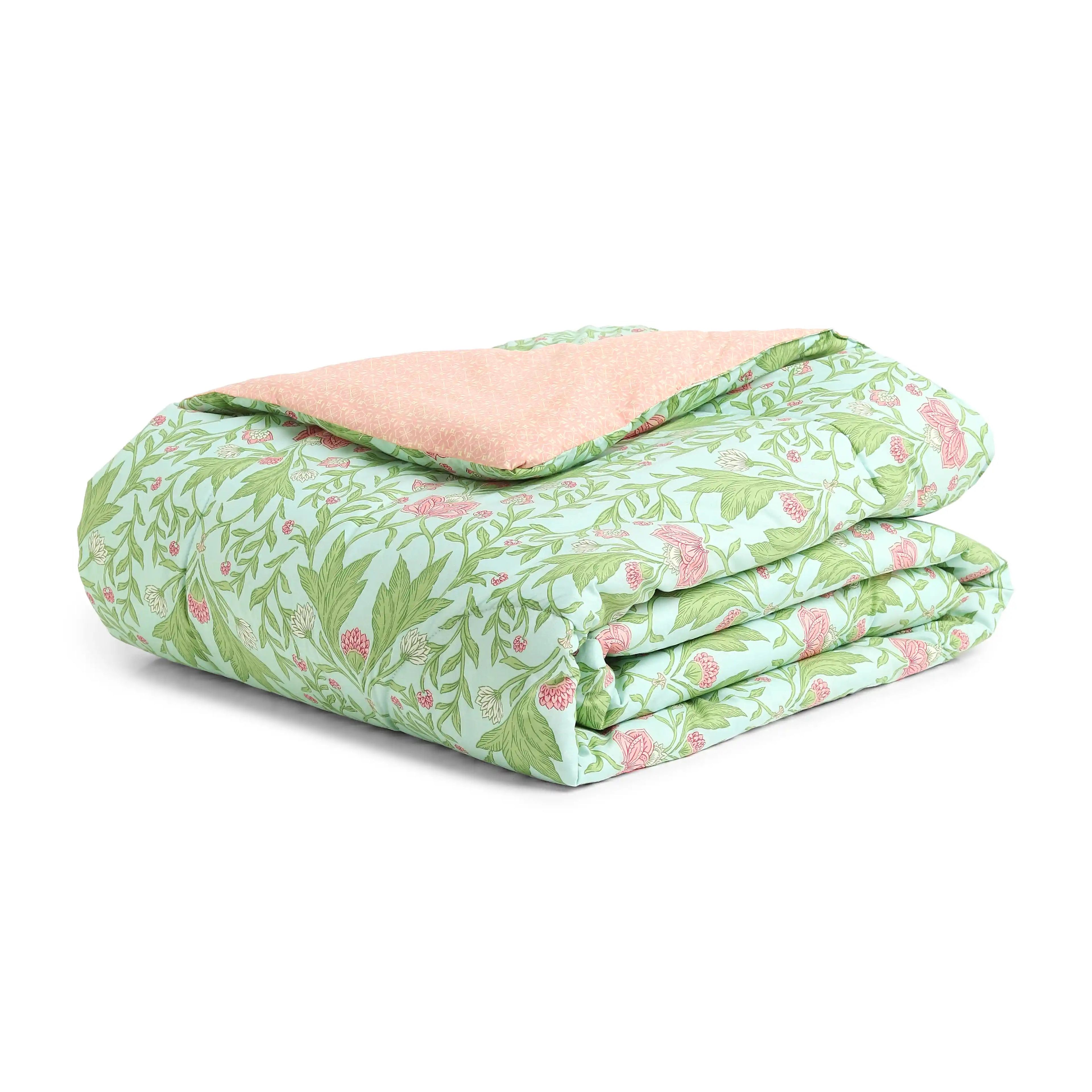 Chippa Lane | Contemporary Indian Print Design Coordinated Bedding Set | Set of Bedsheet & Comforter-Sage Mint