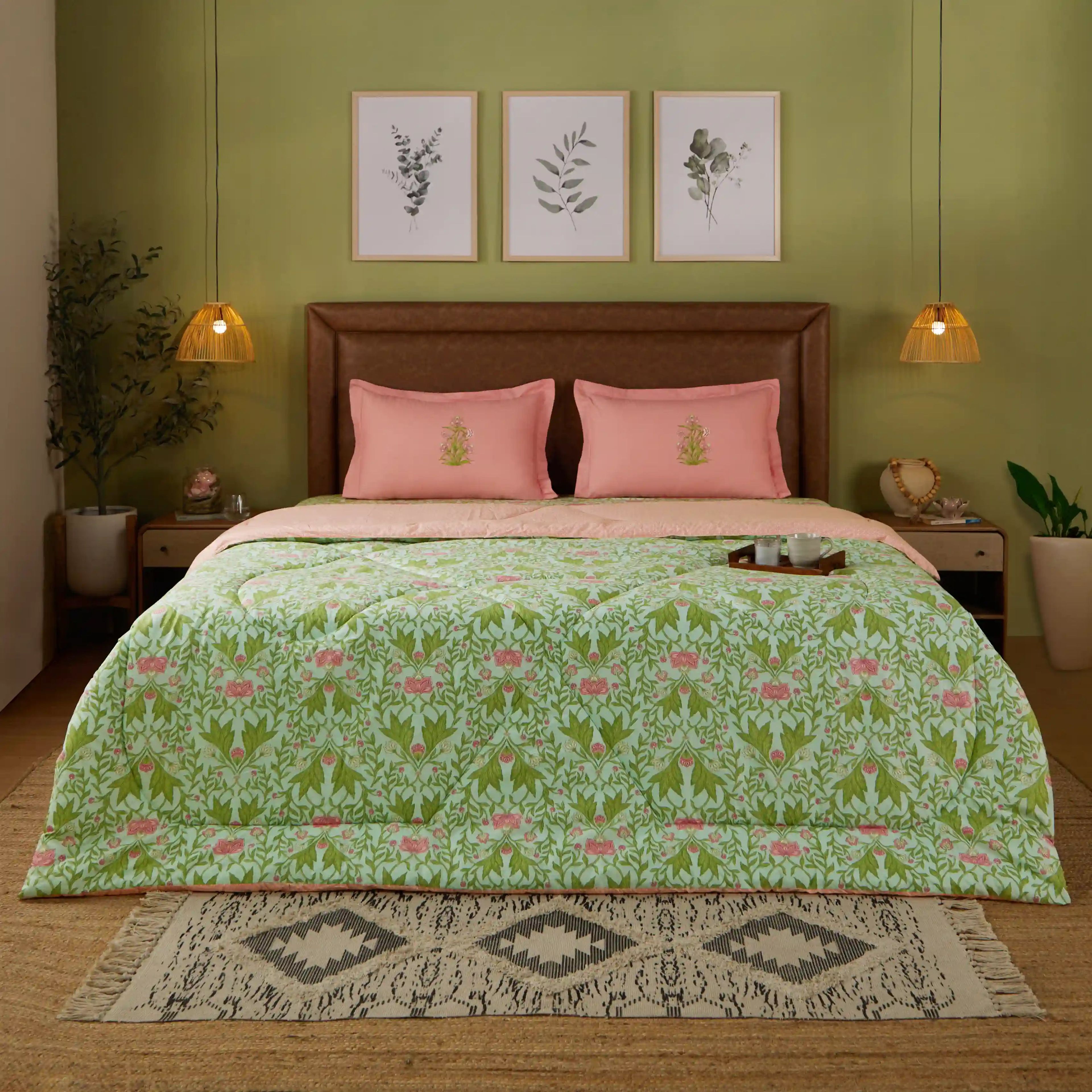 Chippa Lane | Contemporary Indian Print Design Coordinated Bedding Set | Set of Bedsheet & Comforter-Sage Mint